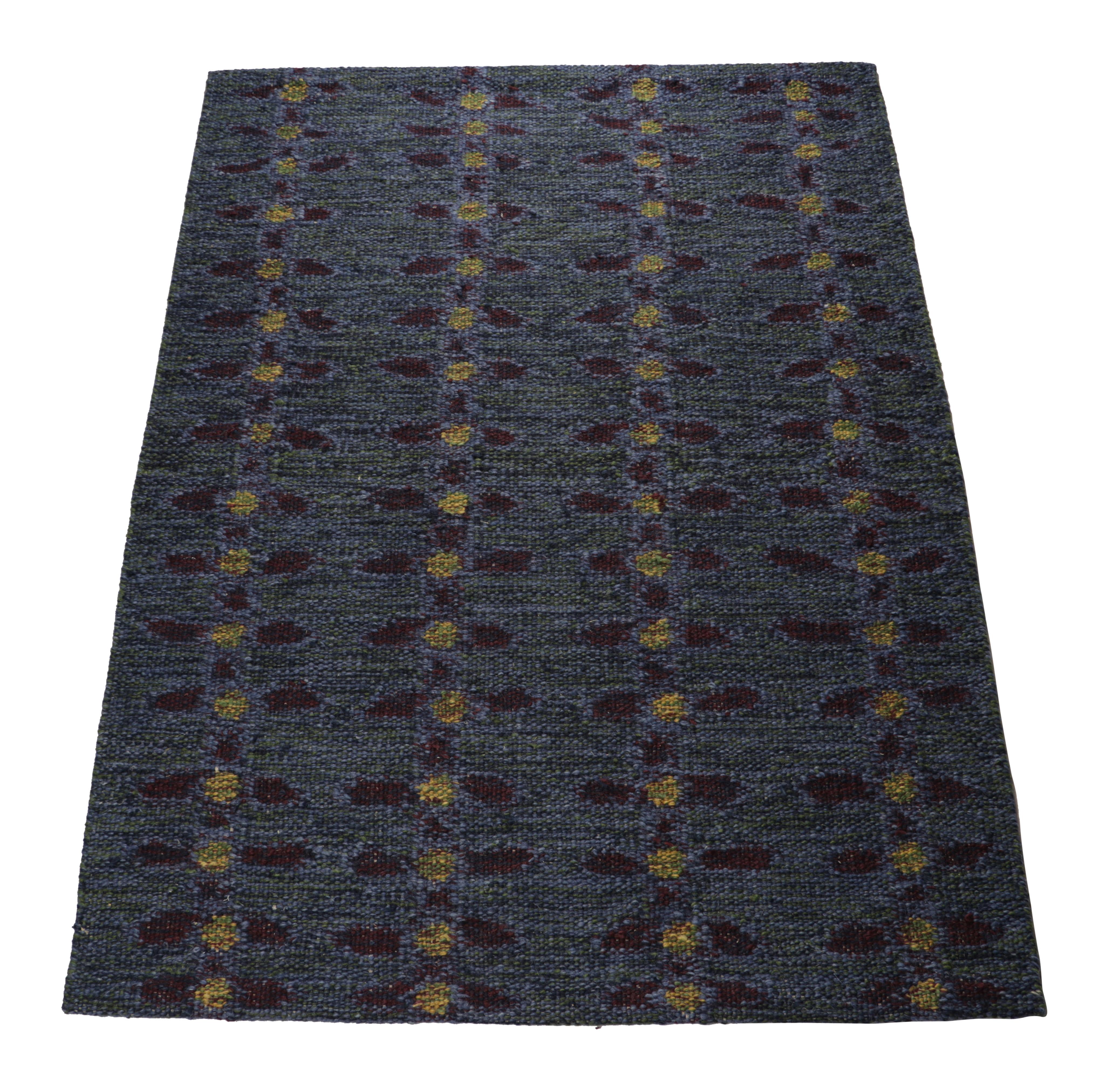 Indian Rug & Kilim’s Scandinavian Rug in Indigo, with Red and Yellow Floral Patterns For Sale