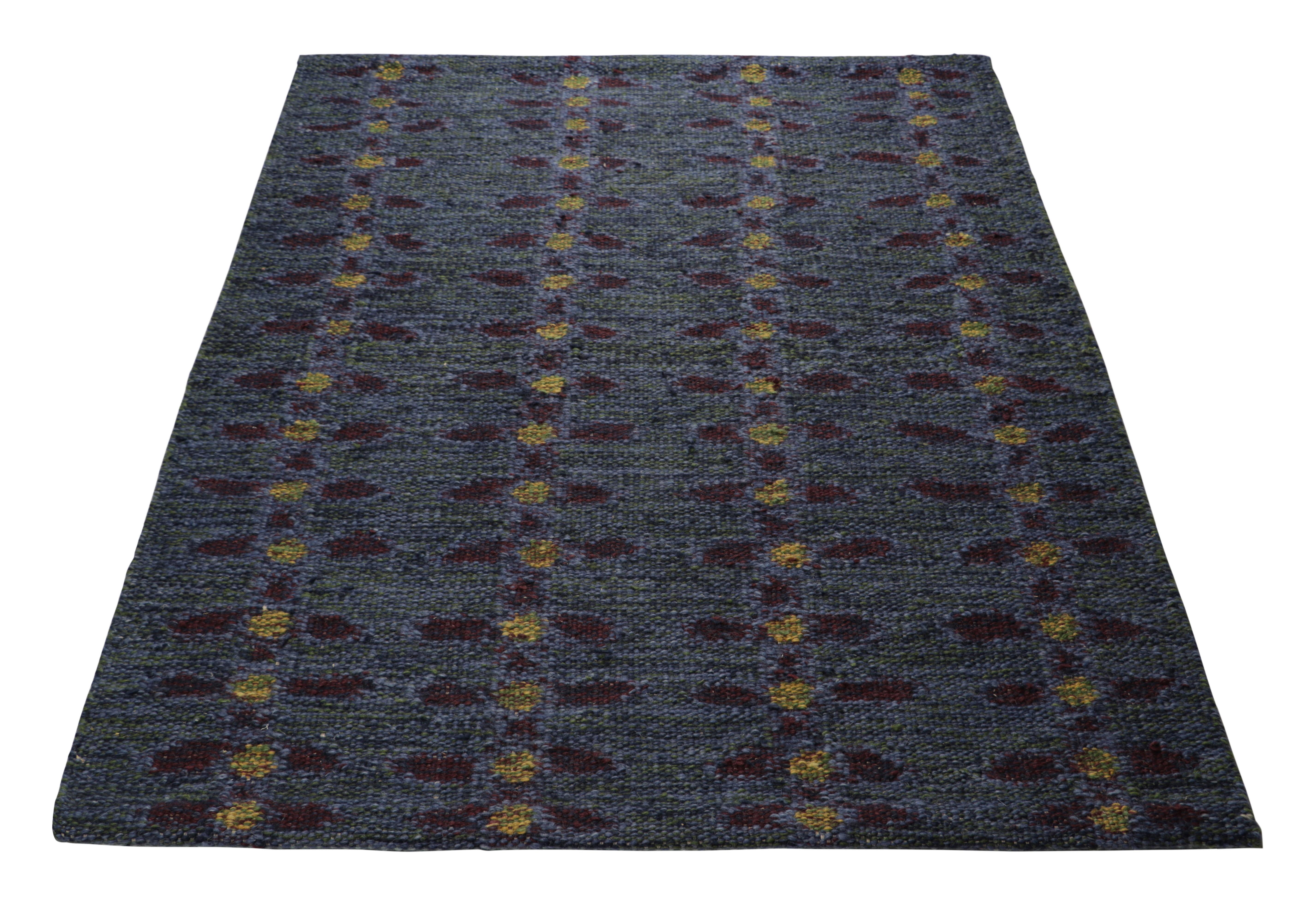Hand-Woven Rug & Kilim’s Scandinavian Rug in Indigo, with Red and Yellow Floral Patterns For Sale