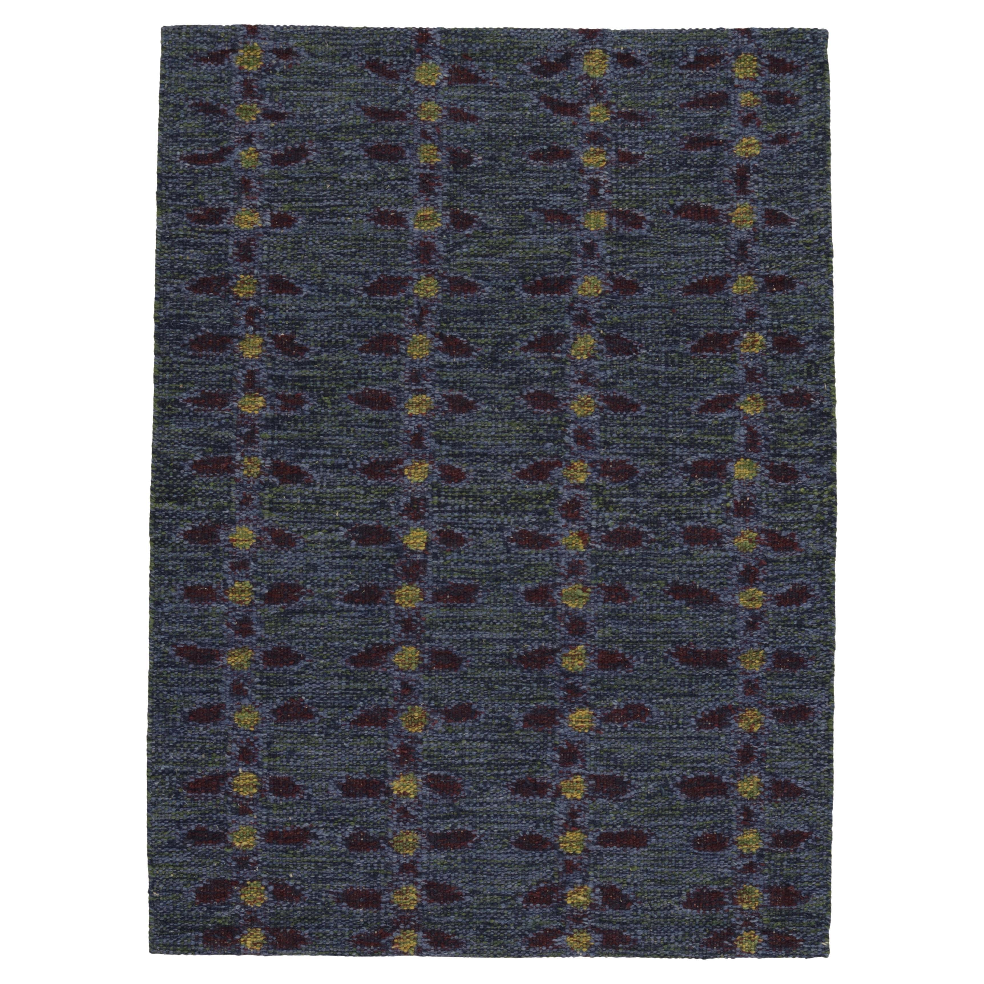 Rug & Kilim’s Scandinavian Rug in Indigo, with Red and Yellow Floral Patterns For Sale