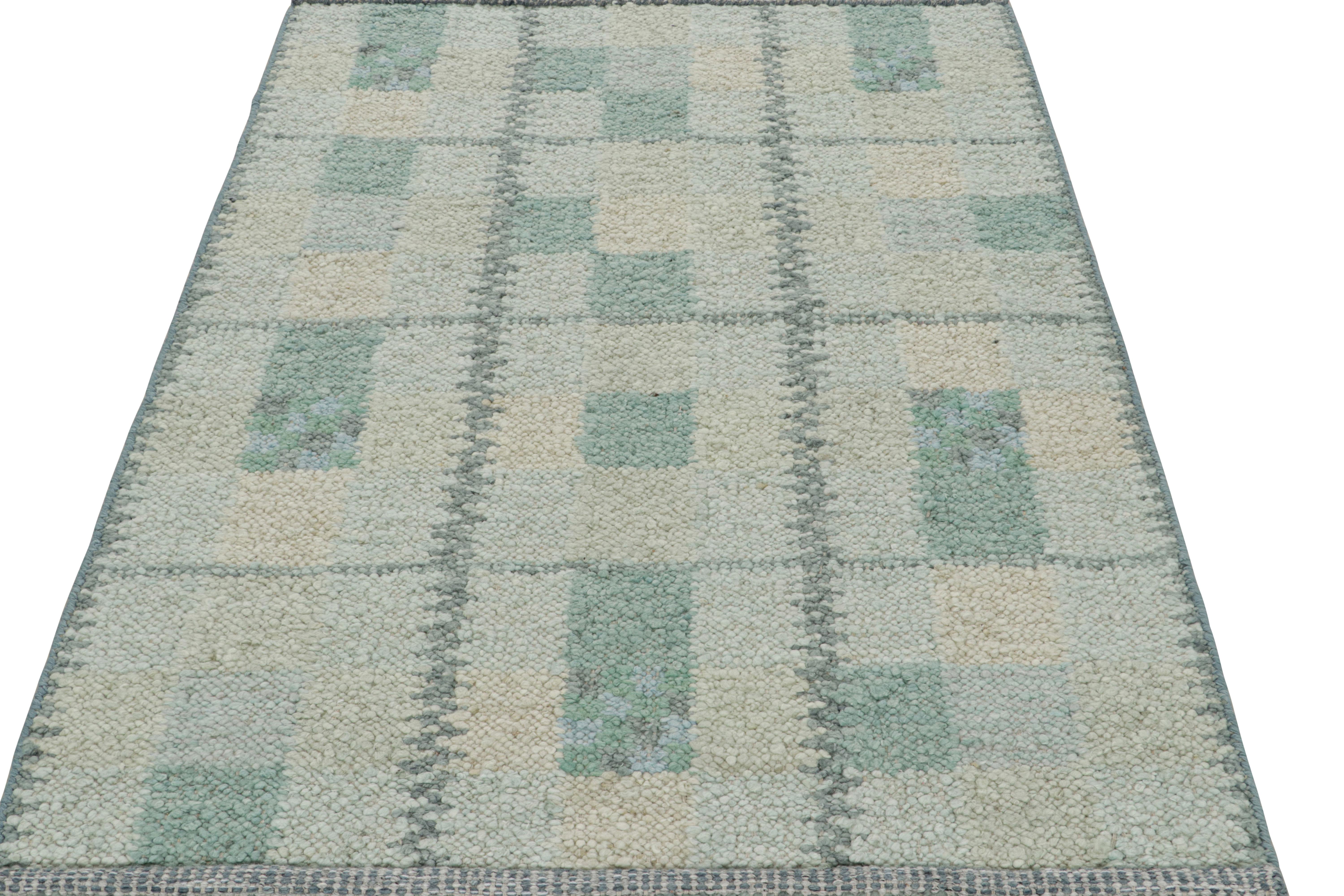 Indian Rug & Kilim’s Scandinavian Rug in Seafoam Green and Teal Blue Geometric Patterns For Sale