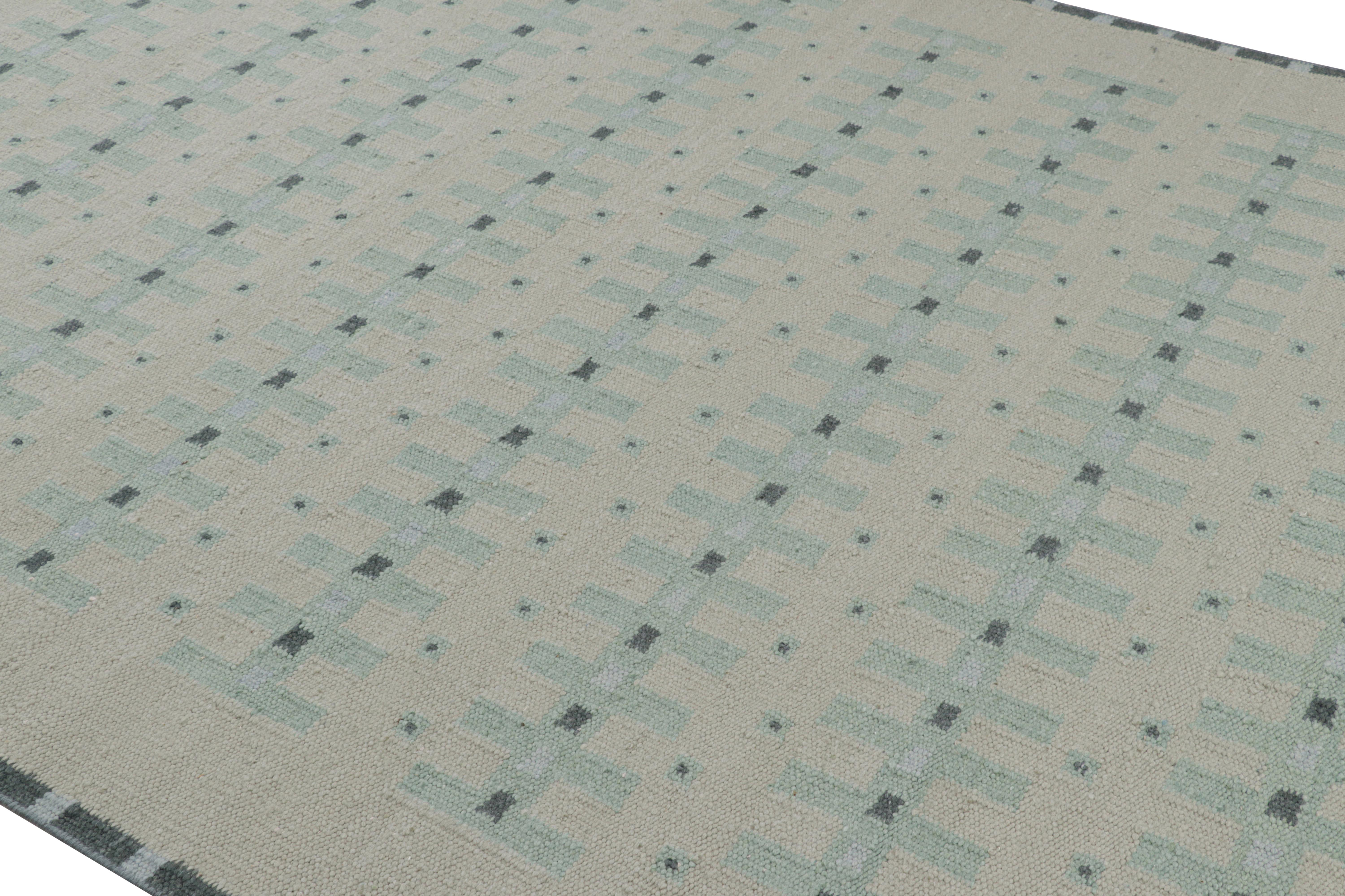 Esta alfombra contemporánea de 8x10 representa una nueva y atrevida línea de tejidos planos de la colección de alfombras escandinavas de Rug & Kilim, inspirada en la sensibilidad minimalista sueca y en las alfombras modernas de mediados de siglo de