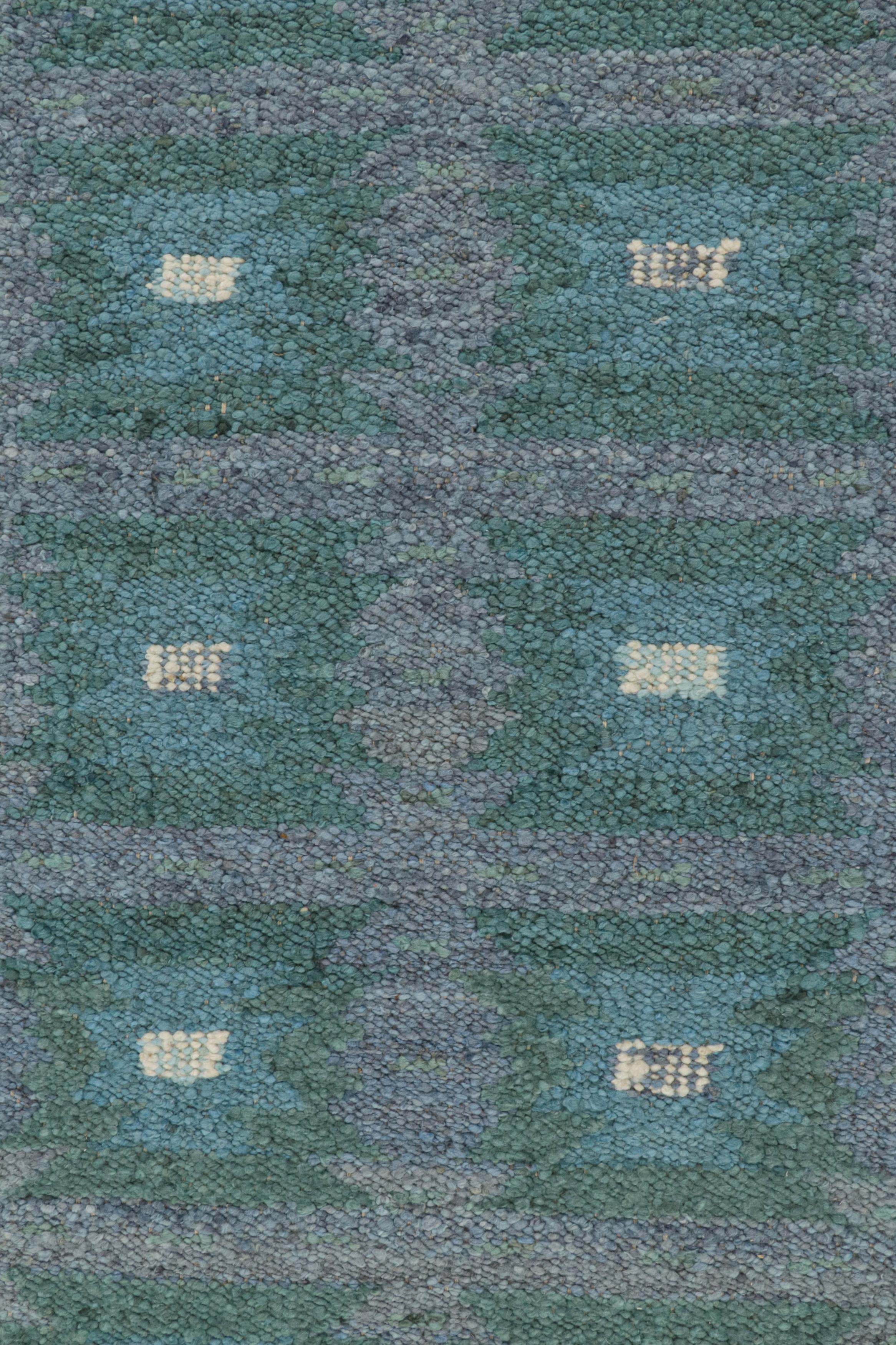 Modern Rug & Kilim’s Scandinavian Rug with Teal and Blue Geometric Patterns For Sale