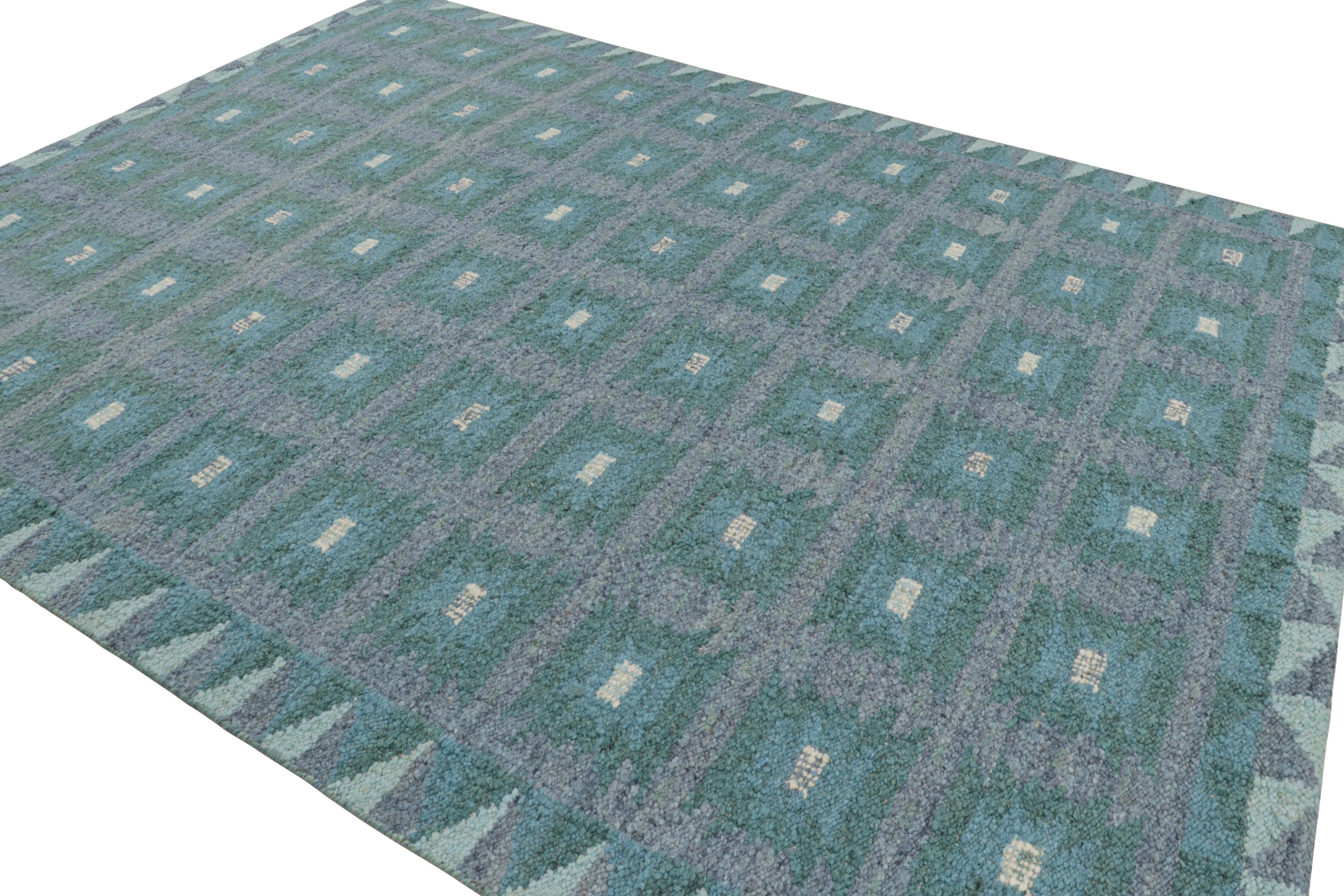 Indian Rug & Kilim’s Scandinavian Rug with Teal and Blue Geometric Patterns For Sale