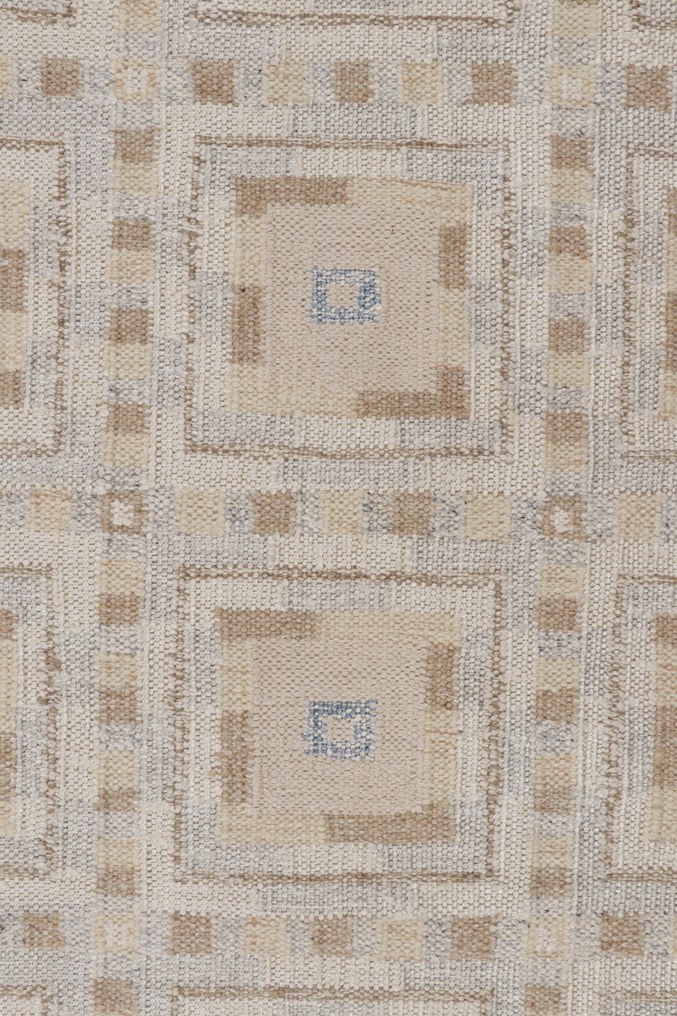 Modern Rug & Kilim’s Scandinavian Rug with White and Beige-Brown Geometric Patterns For Sale