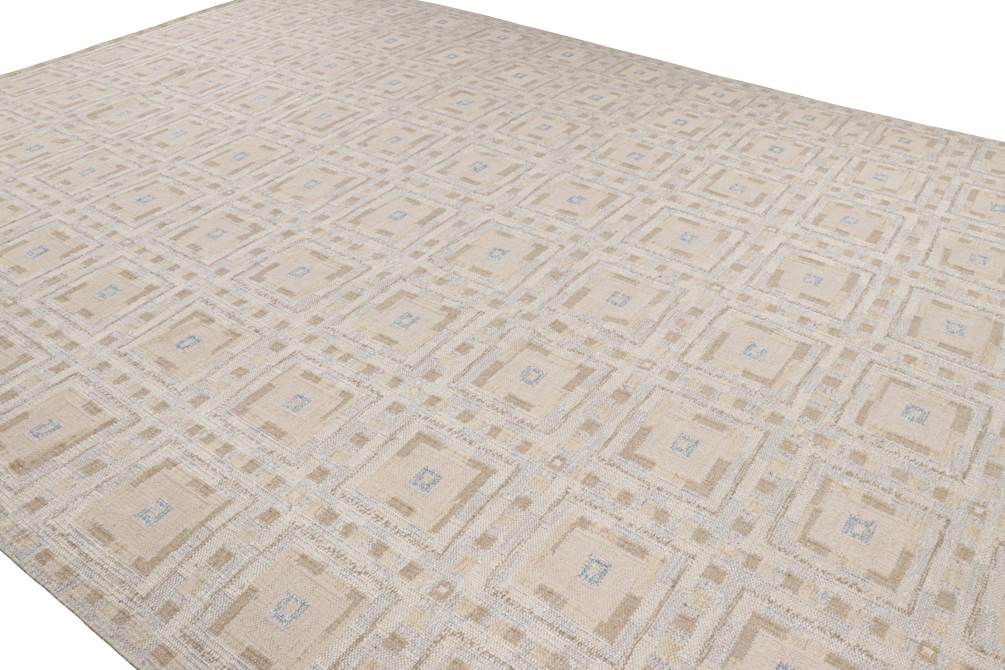 Indian Rug & Kilim’s Scandinavian Rug with White and Beige-Brown Geometric Patterns For Sale
