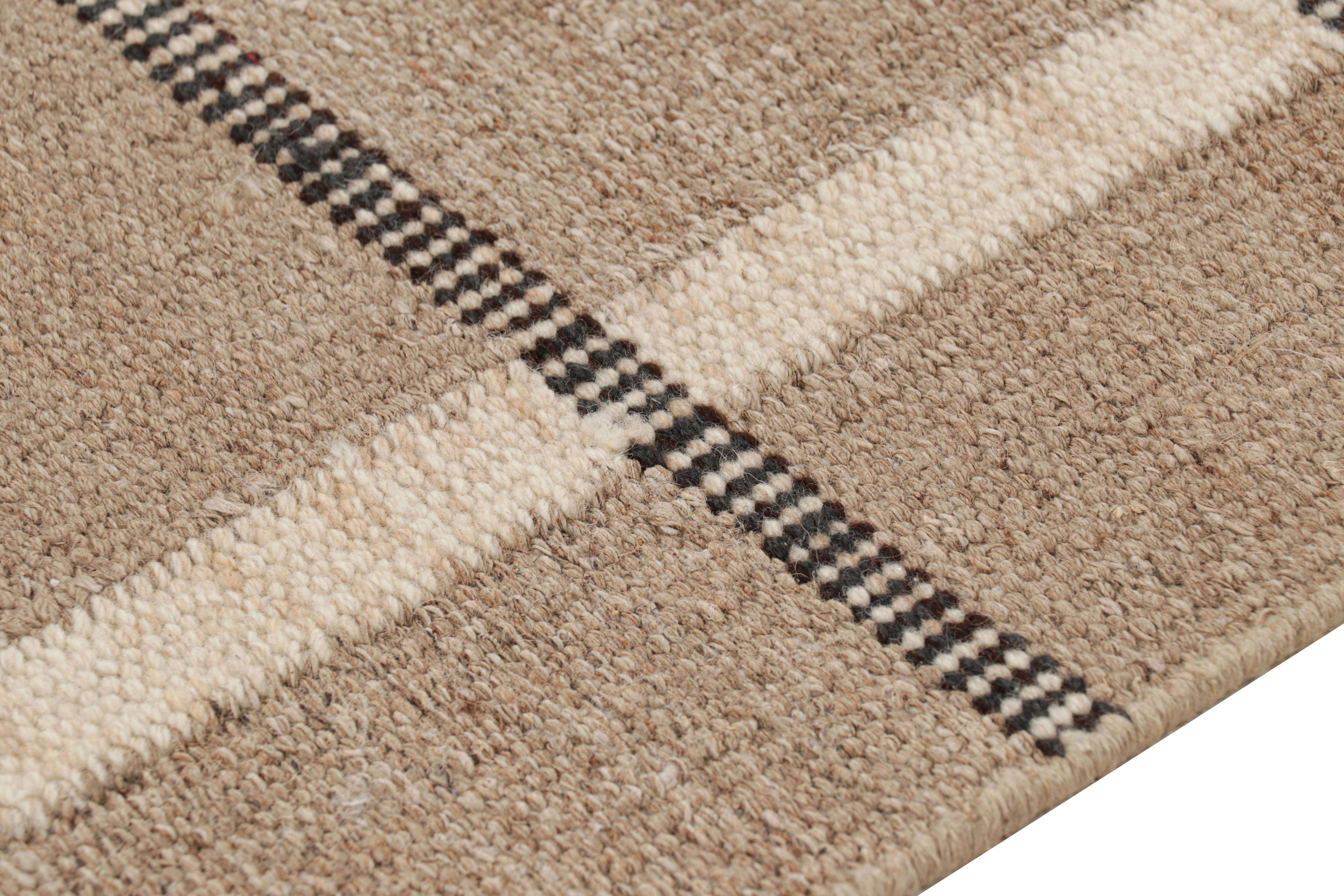 Modern Rug & Kilim’s Scandinavian Runner Rug in Beige-Brown with Black & White Stripes For Sale