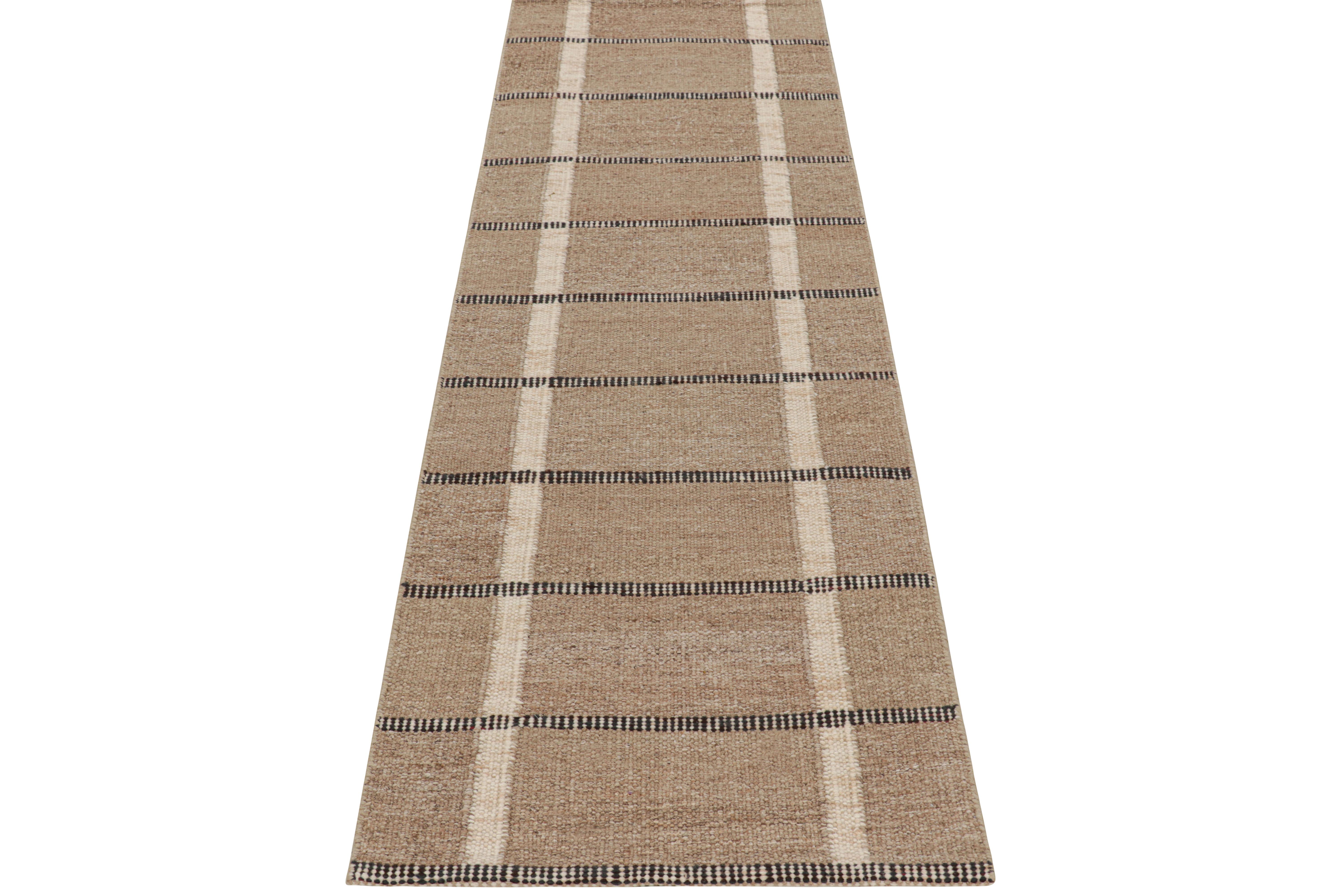 Indian Rug & Kilim’s Scandinavian Runner Rug in Beige-Brown with Black & White Stripes For Sale
