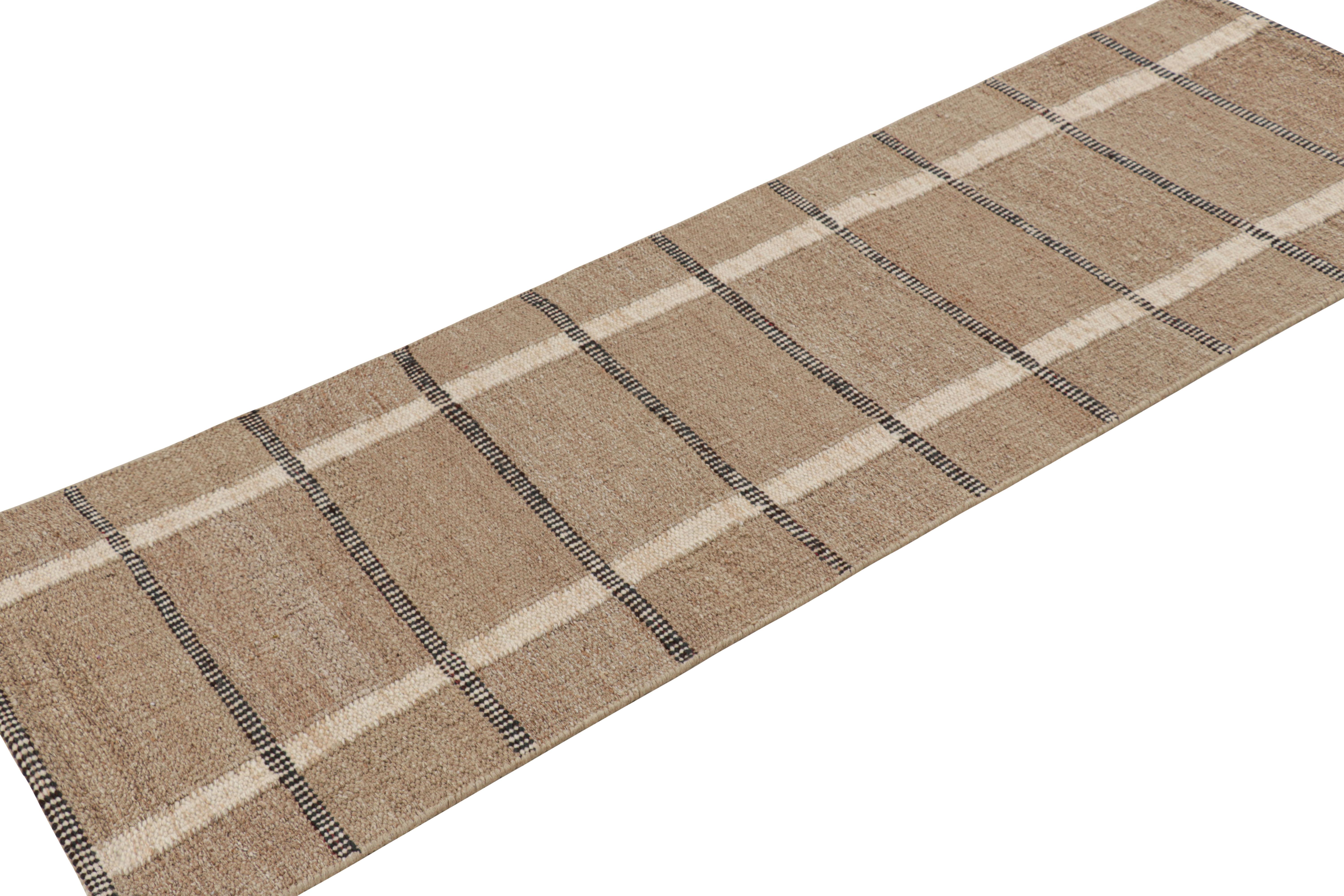 Hand-Woven Rug & Kilim’s Scandinavian Runner Rug in Beige-Brown with Black & White Stripes For Sale