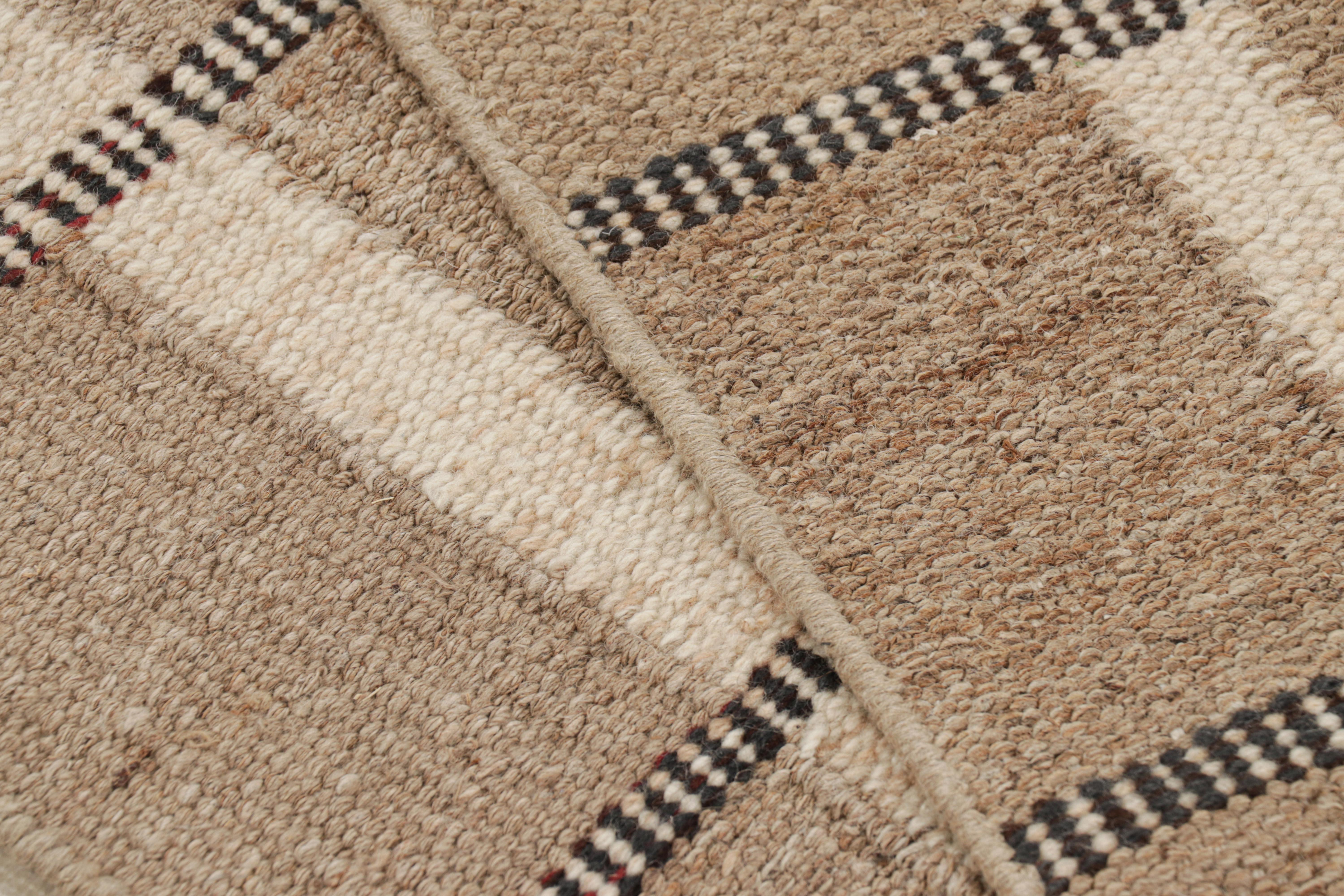 Contemporary Rug & Kilim’s Scandinavian Runner Rug in Beige-Brown with Black & White Stripes For Sale
