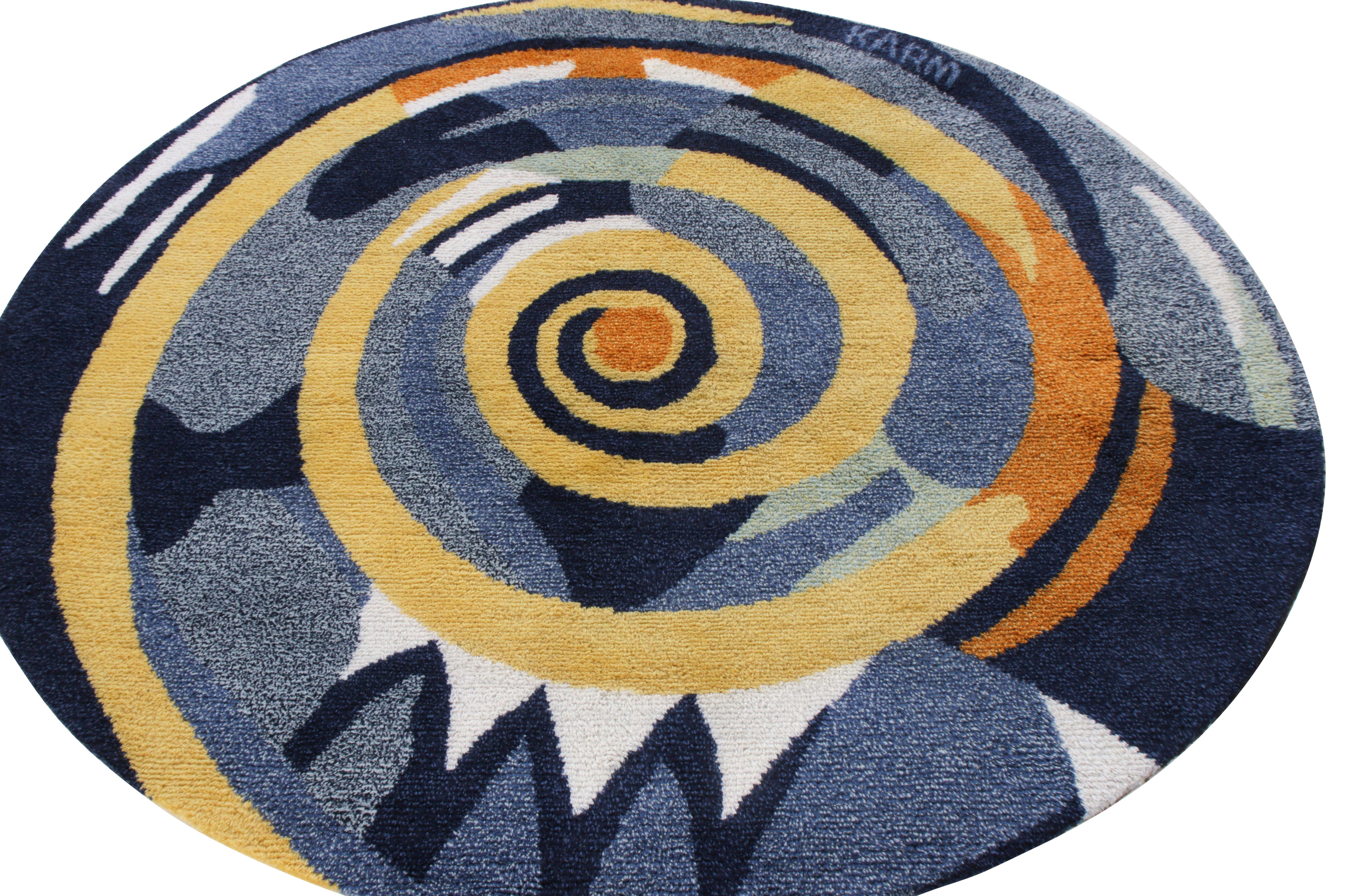 Hand knotted in wool, a 6x6 piece from Rug & Kilim’s Scandinavian Collection. This contemporary piece makes an interesting take on Swedish rya rug styles in terms of shape and concept. The circular rug witnesses a vivid abstract pattern that seems