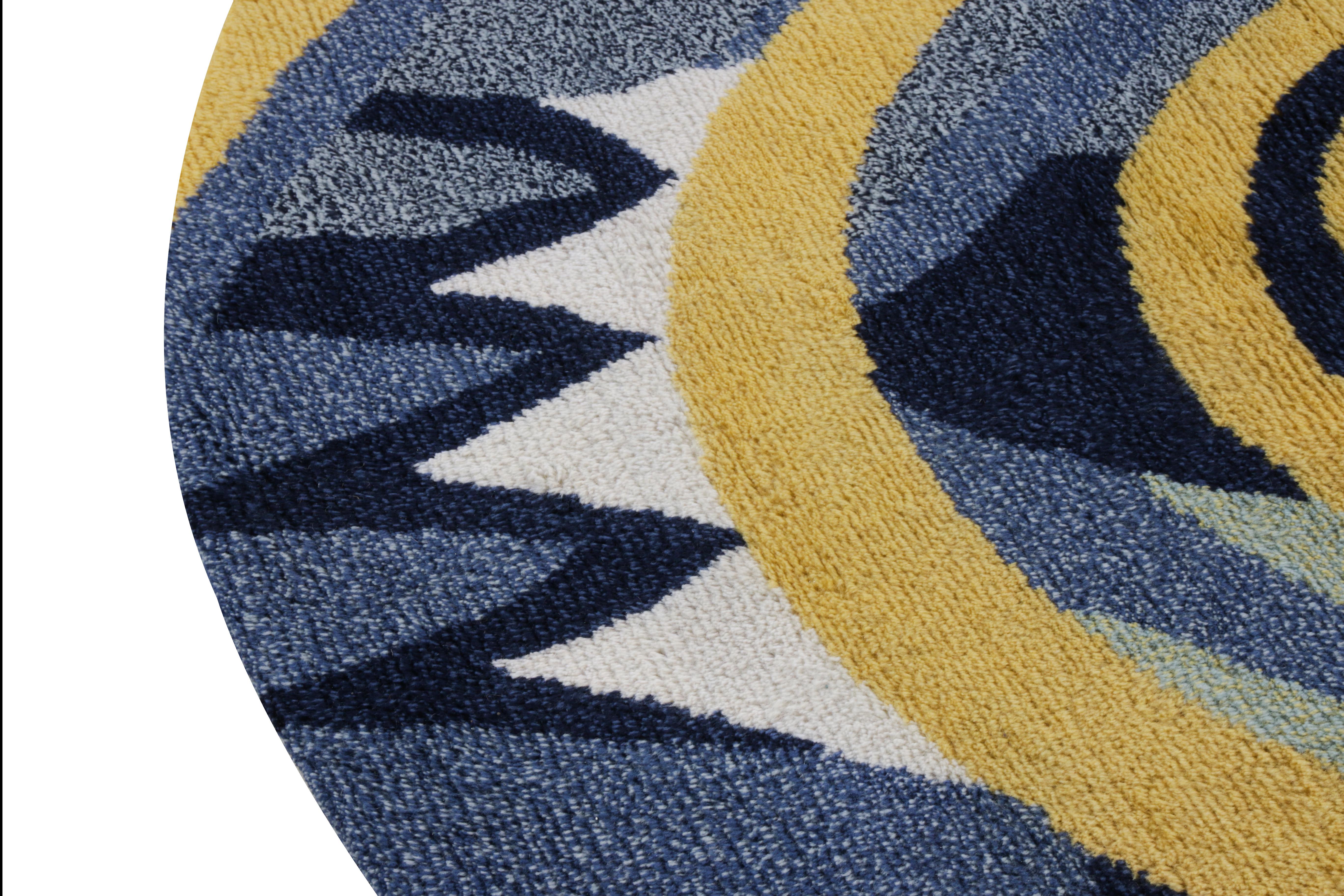Hand-Knotted Rug & Kilim’s Scandinavian Rya Style Circle Rug in Blue, Yellow Abstract Pattern