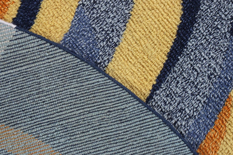 Rug & Kilim’s Scandinavian Rya Style Circle Rug in Blue, Yellow Abstract Pattern In New Condition For Sale In Long Island City, NY