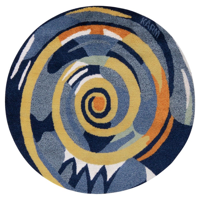 Rug & Kilim’s Scandinavian Rya Style Circle Rug in Blue, Yellow Abstract Pattern For Sale