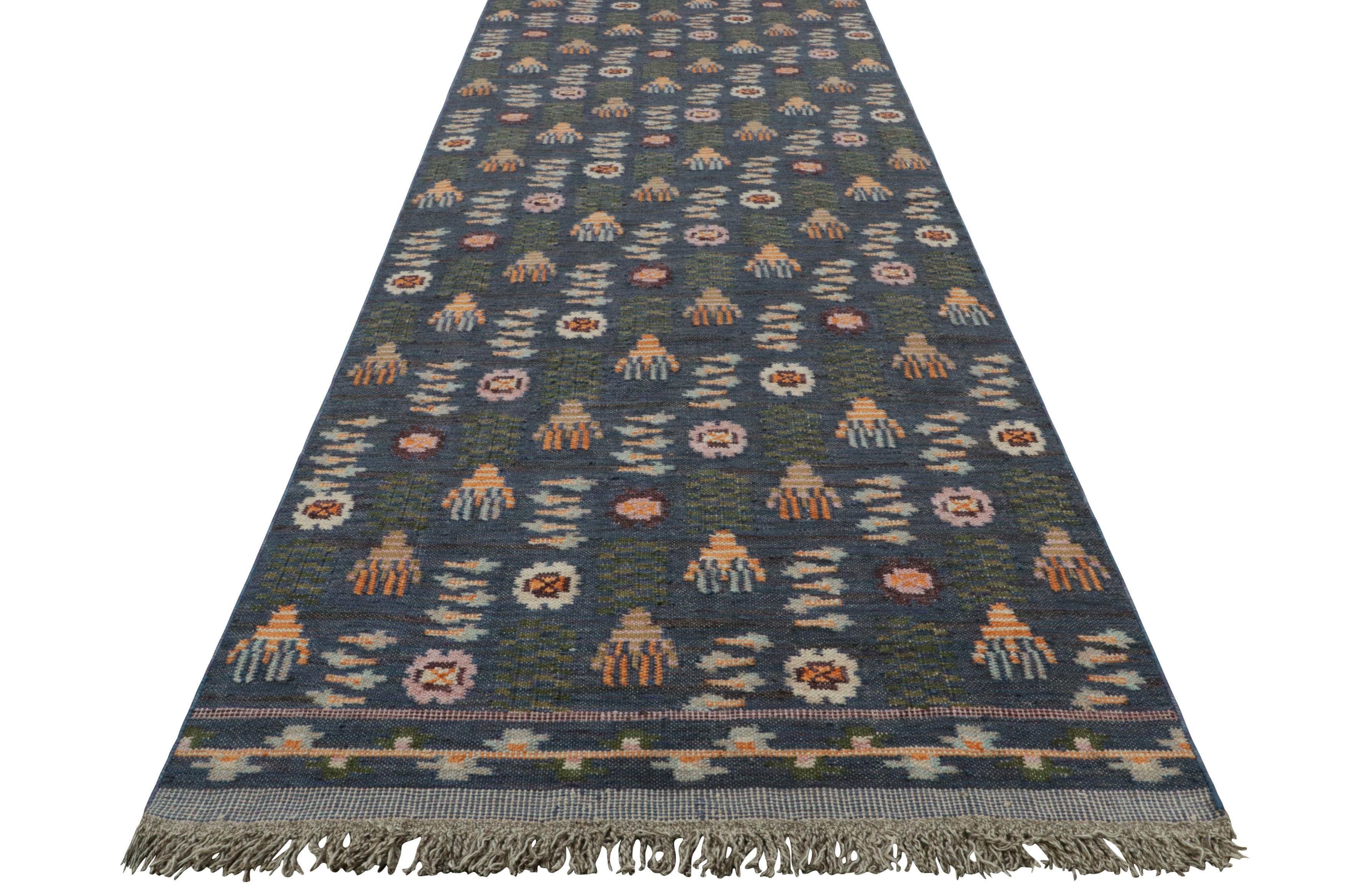 Indian Rug & Kilim’s Scandinavian Style Custom Extra-Long Runner in Blue & Green Tones For Sale