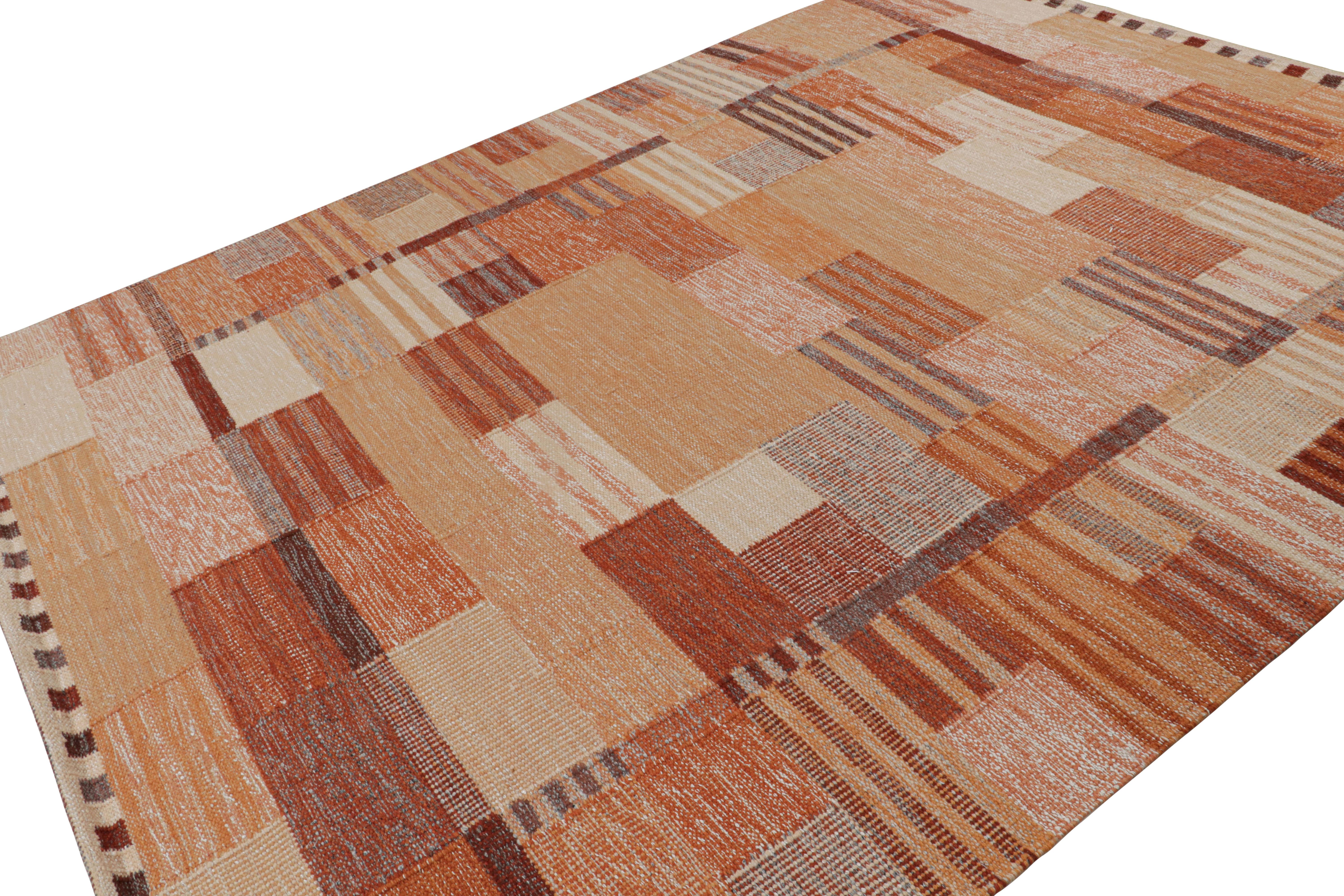 Handwoven in wool and other undyed natural yarns, this 9x12 Scandinavian flatweave rug features geometric patterns inspired by the Swedish Minimalist style, though one might see a cubist sensibility in the sense of depth and dimension as well. 

On