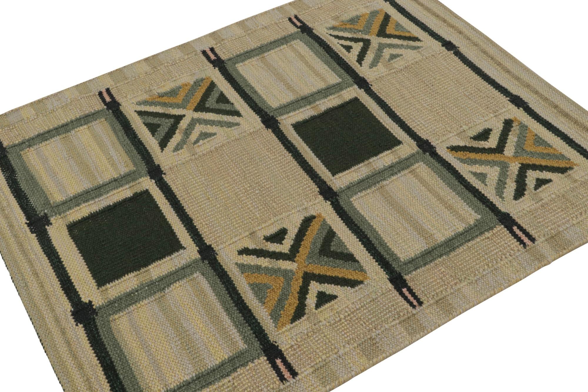A custom 4x5 Swedish style kilim from our award-winning Scandinavian flat weave collection. Handwoven in wool, cotton & undyed natural yarns.

On the Design: 

This scatter rug enjoys geometric patterns in beige, gold & green. Keen eyes will admire