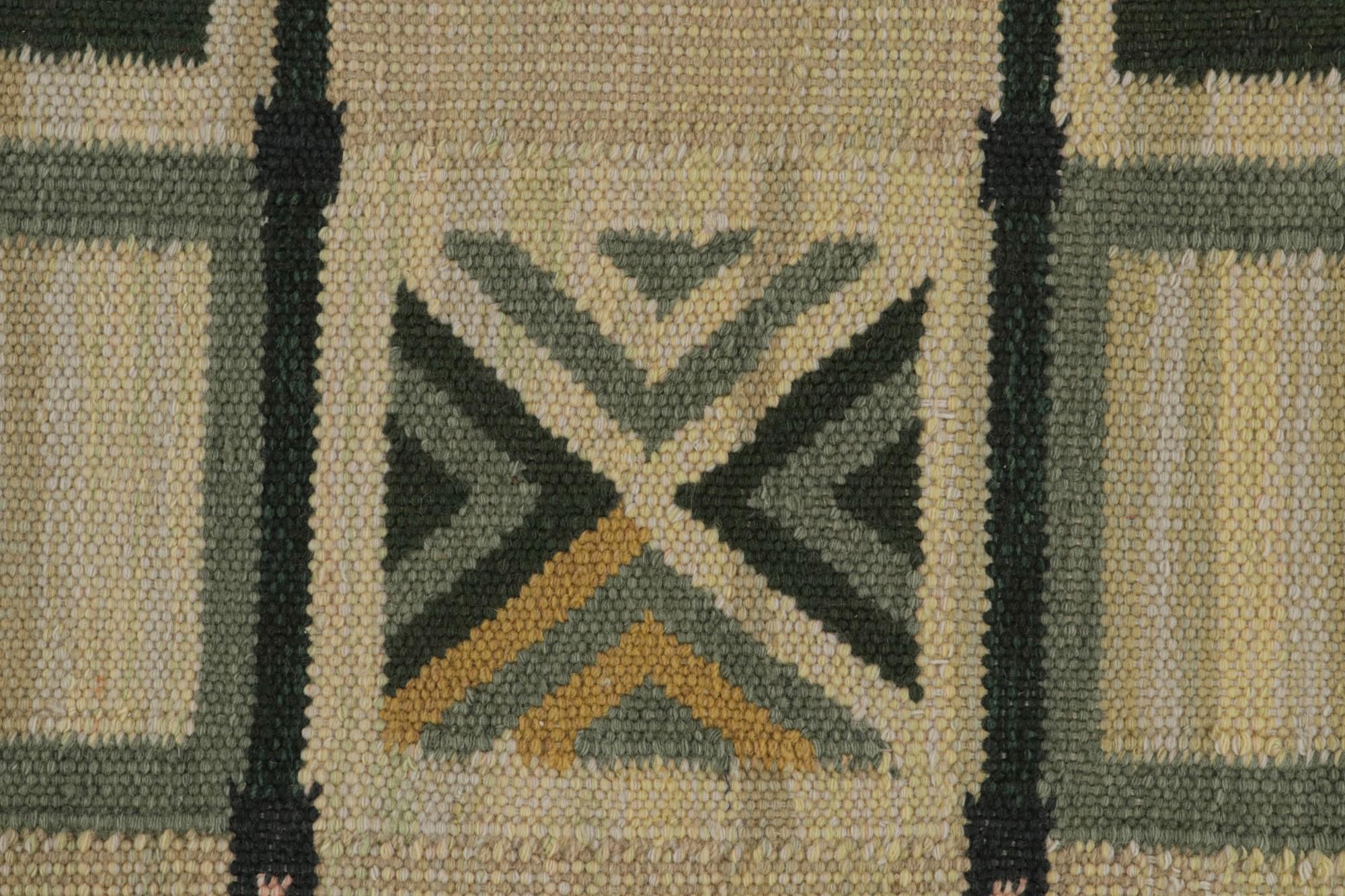 Hand-Woven Rug & Kilim’s Scandinavian Style Custom Kilim in Beige, Gold & Green Patterns For Sale
