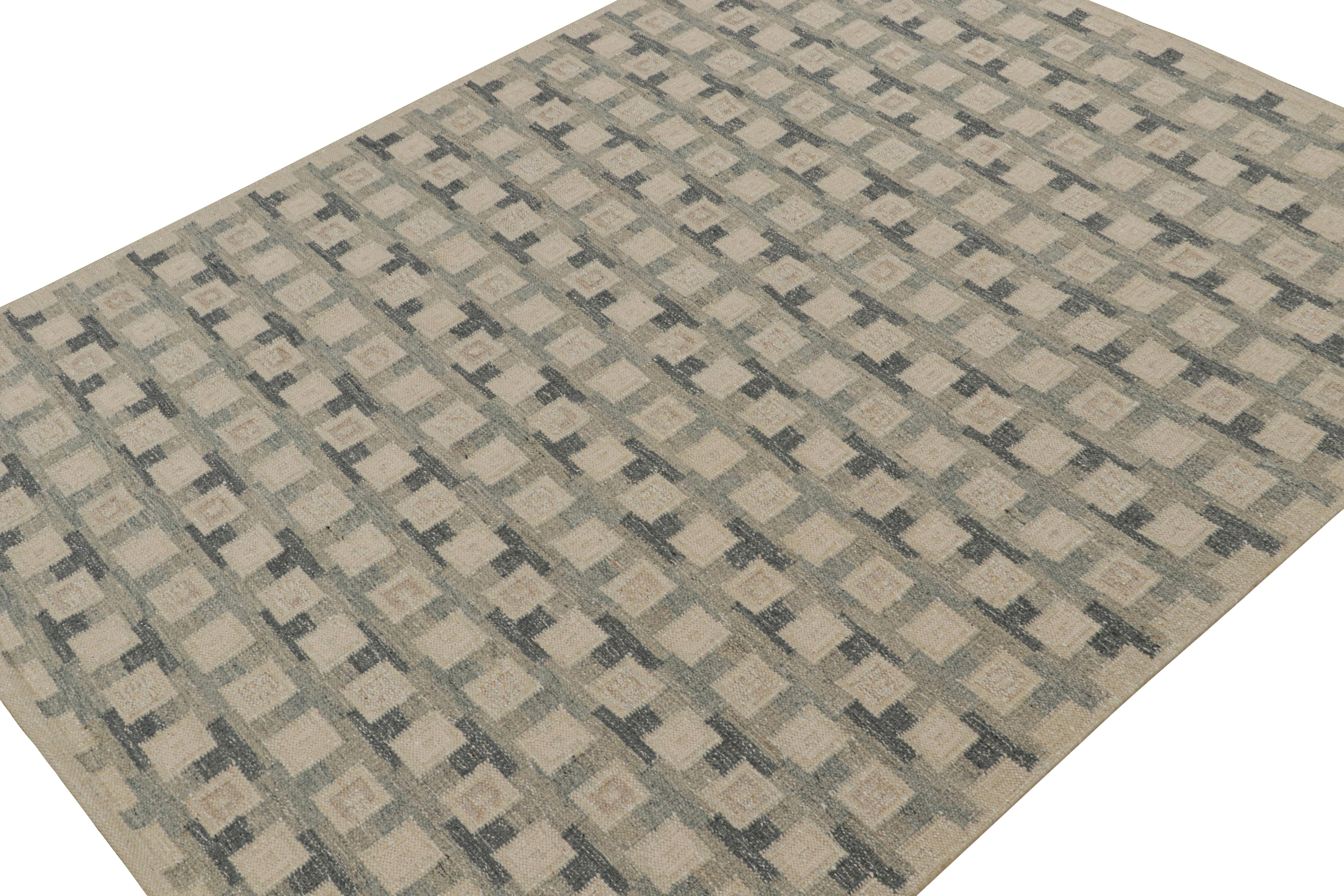 A smart 9x12 Swedish style custom kilim rug from our award-winning Scandinavian flat weave collection. Handwoven in wool, cotton & undyed natural yarn.

On the Design: 

This rug enjoys geometric patterns in beige & gray. Keen eyes will admire