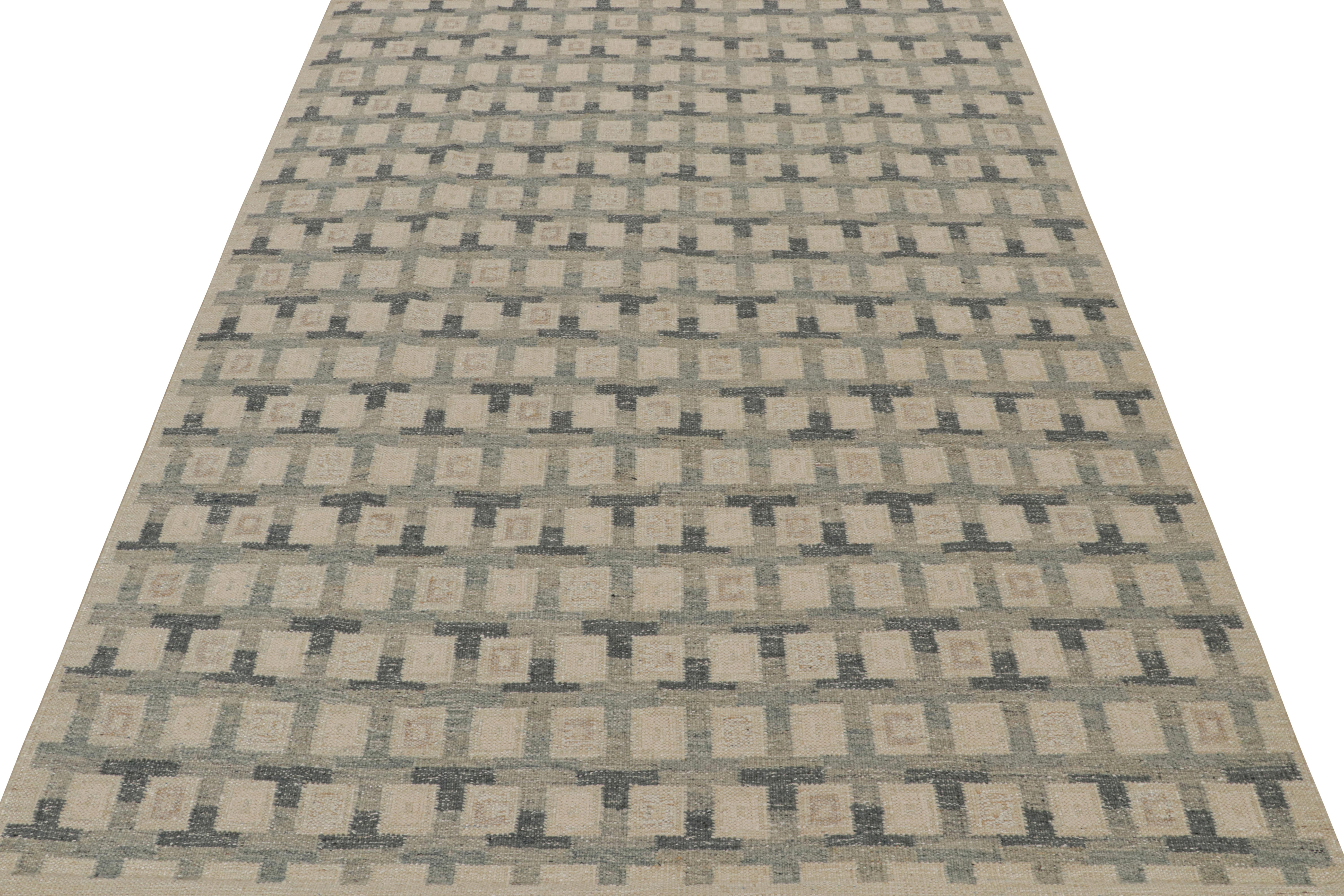 Modern Rug & Kilim’s Scandinavian Style Custom Kilim in Beige & Gray Geometric Pattern For Sale