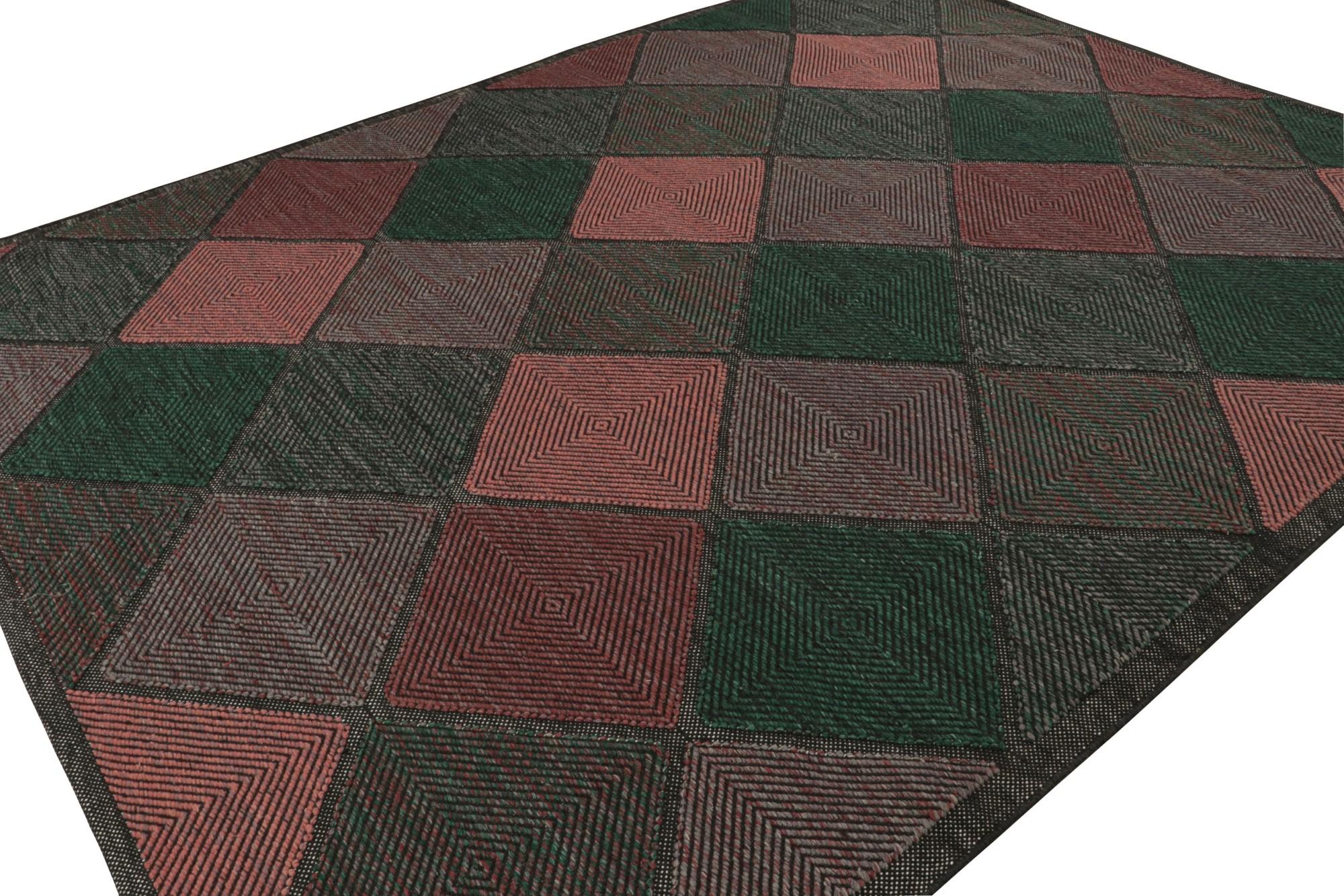 A smart 9x12 Swedish style custom kilim from our award-winning Scandinavian flat weave collection. Handwoven in wool, cotton & undyed natural yarns.

On the Design: 

This rug enjoys geometric patterns in black, red & green. Keen eyes will admire