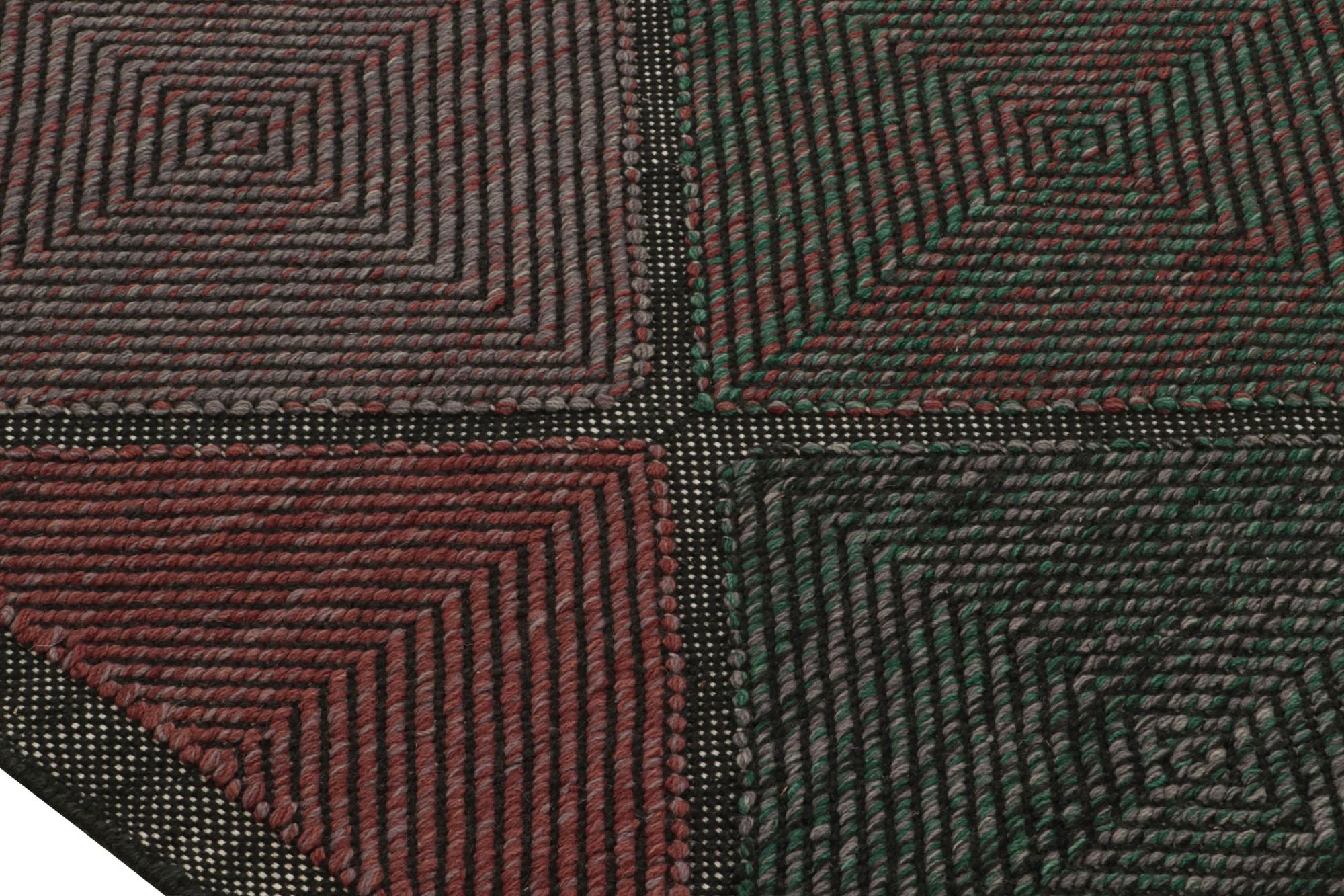 Hand-Woven Rug & Kilim’s Scandinavian Style Custom Kilim in Black, Red & Green Patterns For Sale
