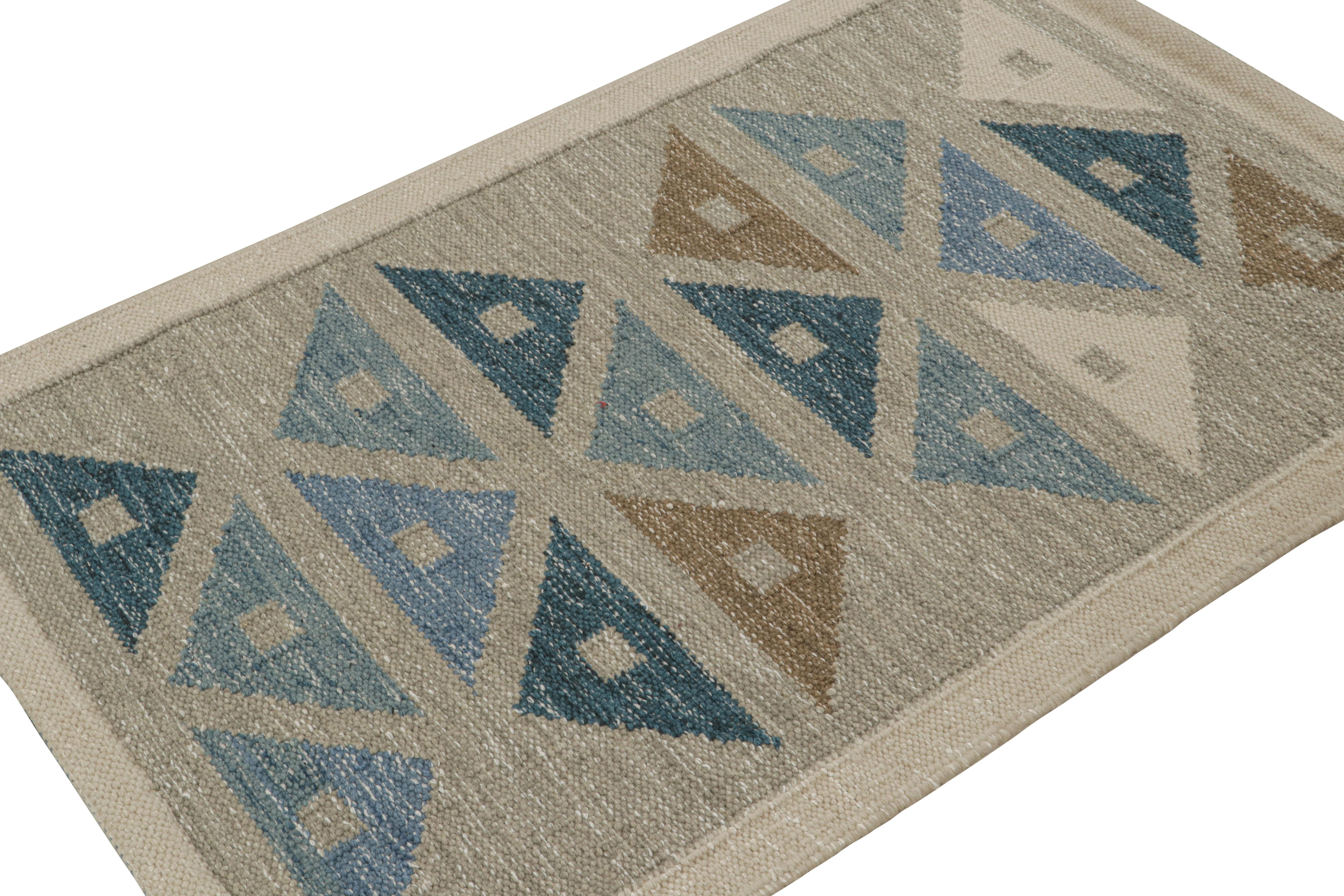 This 3x5 custom Kilim rug is from the flatweave line in the Scandinavian rug collection by Rug & Kilim. Handwoven in wool, cotton and natural yarns, its design is a modern take on Rollakan and Rya rugs in the Swedish Deco style. 

On the Design: