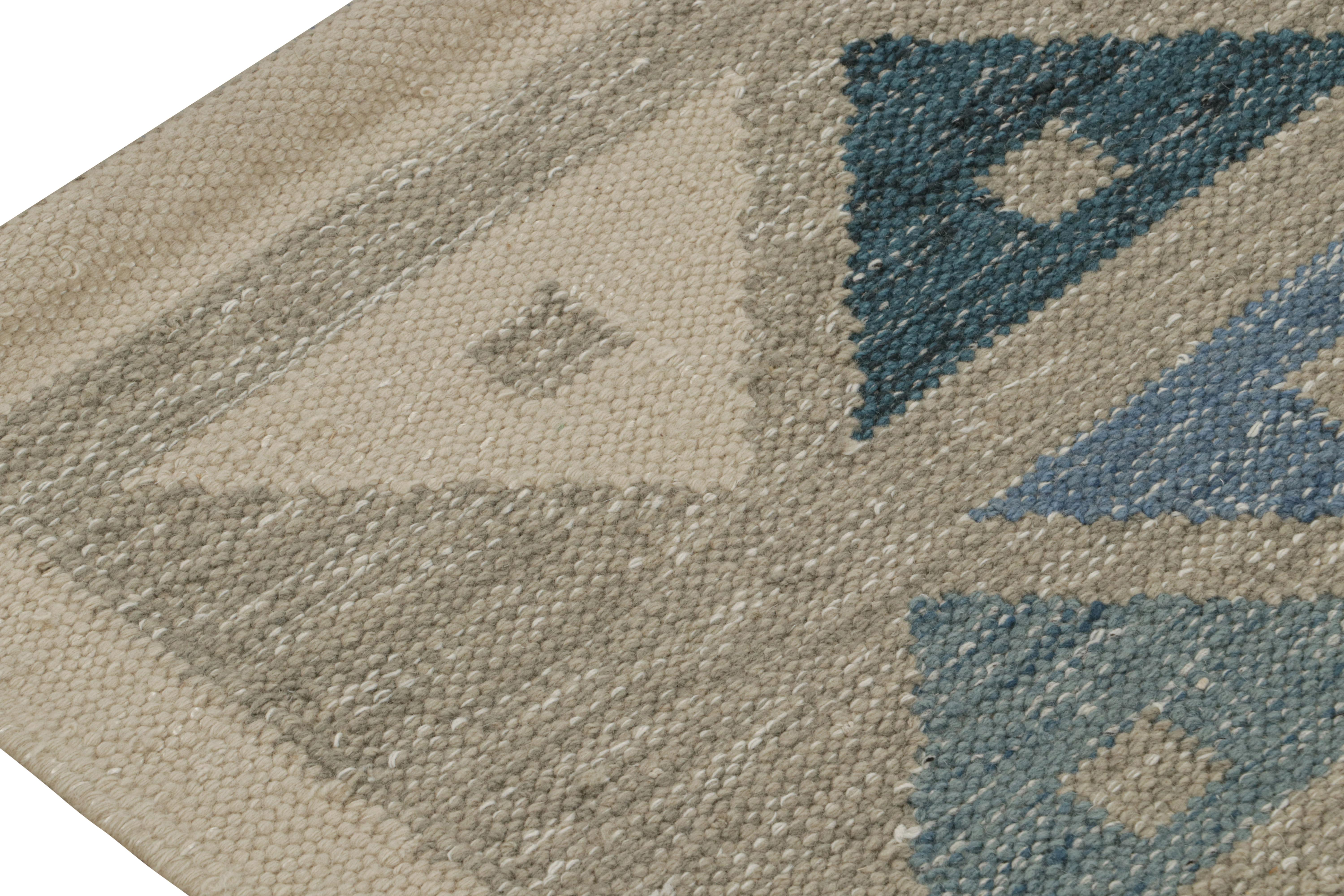Hand-Woven Rug & Kilim’s Scandinavian Style Custom Kilim in Blue & Grey Geometric Patterns For Sale