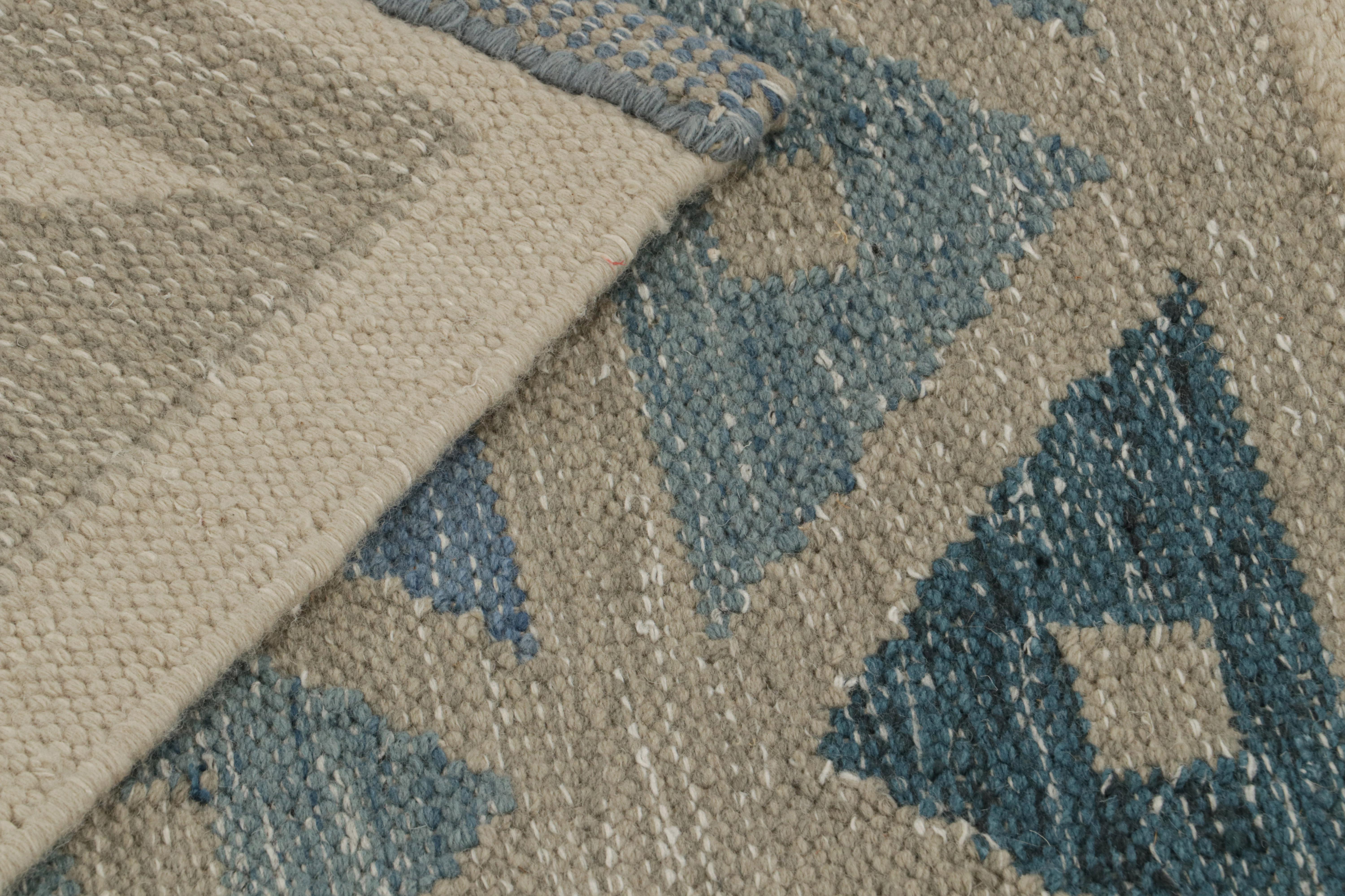 Contemporary Rug & Kilim’s Scandinavian Style Custom Kilim in Blue & Grey Geometric Patterns For Sale