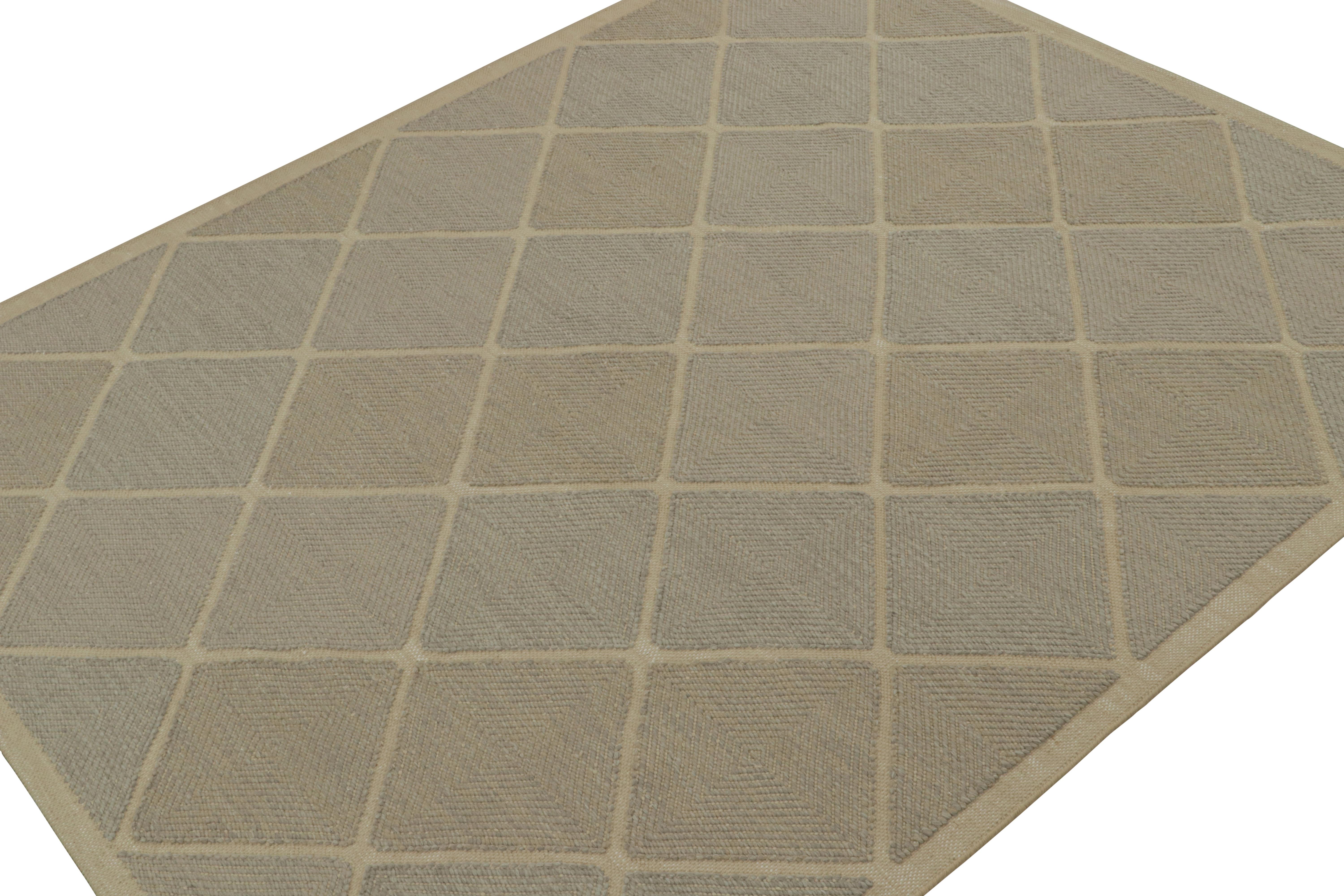 A smart 8x10 Swedish style custom kilim rug from our award-winning Scandinavian flat weave collection. Handwoven in wool, cotton & undyed natural yarn.

On the Design: 

This rug enjoys geometric patterns in brown & gray. Keen eyes will admire