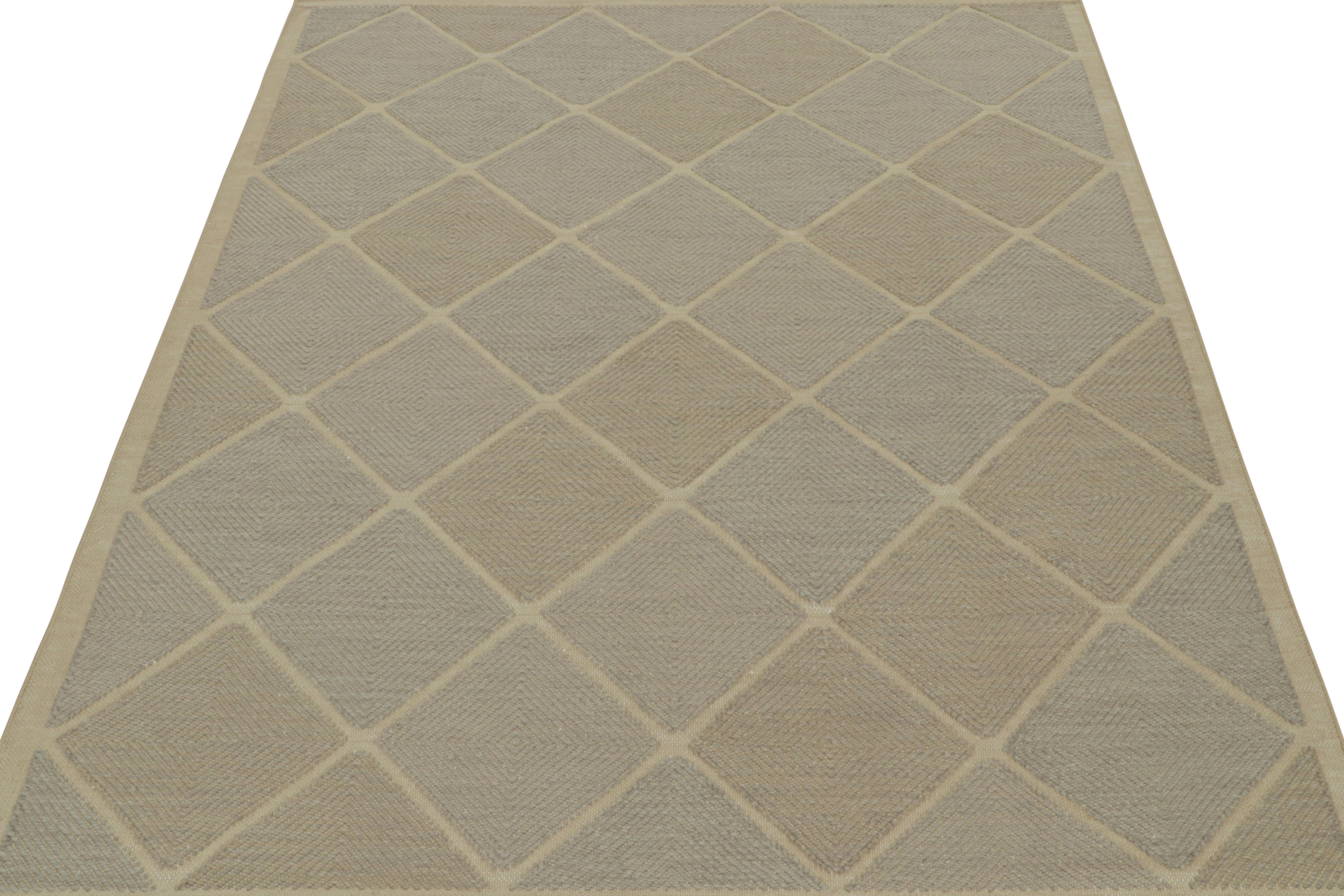 Modern Rug & Kilim’s Scandinavian Style Custom Kilim in Brown & Gray Geometric Pattern For Sale