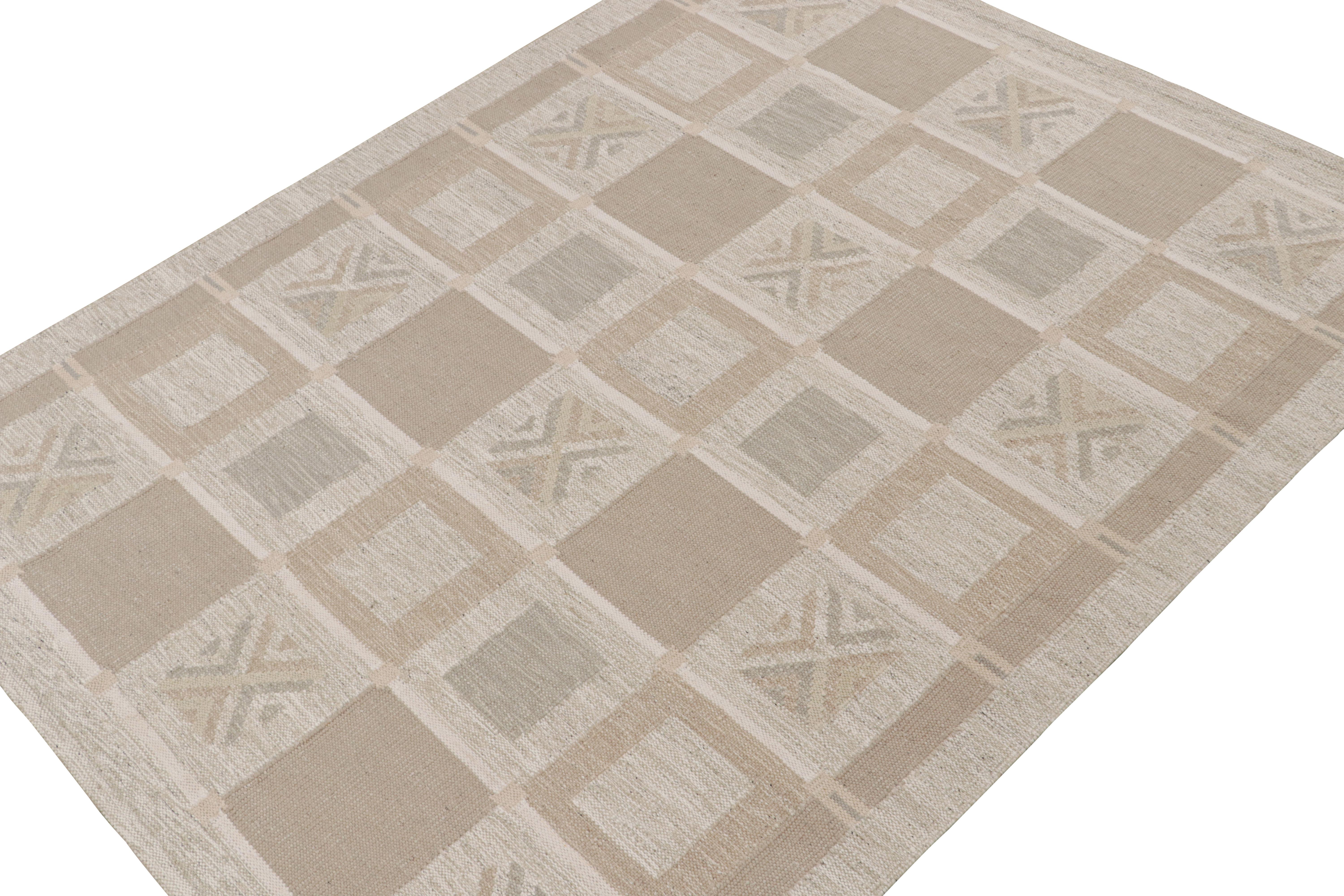 A smart 8x10 Swedish style custom kilim from our award-winning Scandinavian flat weave collection. Handwoven in wool & undyed natural yarn.

On the Design: 

This rug enjoys geometric patterns in comfortable brown, white & gray. Keen eyes will