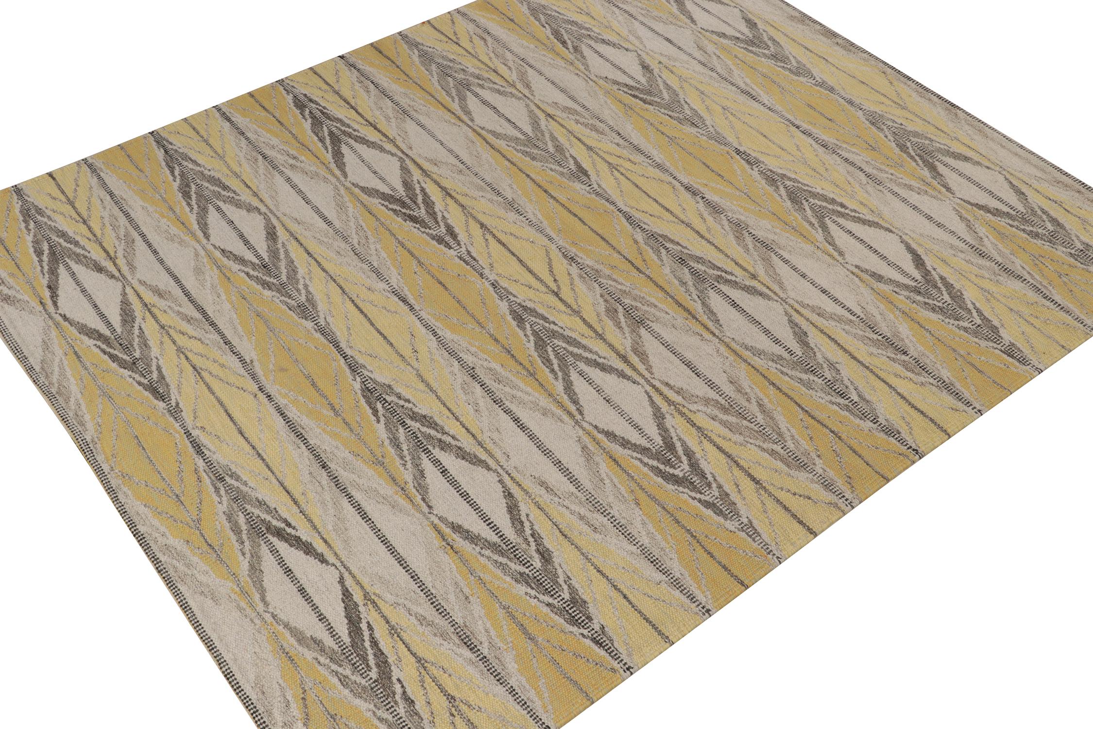 Dieser maßgeschneiderte Kelim im schwedischen Stil ist der nächste Teppich aus der preisgekrönten skandinavischen Flachgewebe-Kollektion von Rug & Kilim. Handgewebt aus Wolle. 
Weiter zum Design: 
Dieser Teppich hat einen hypnotischen Sinn für