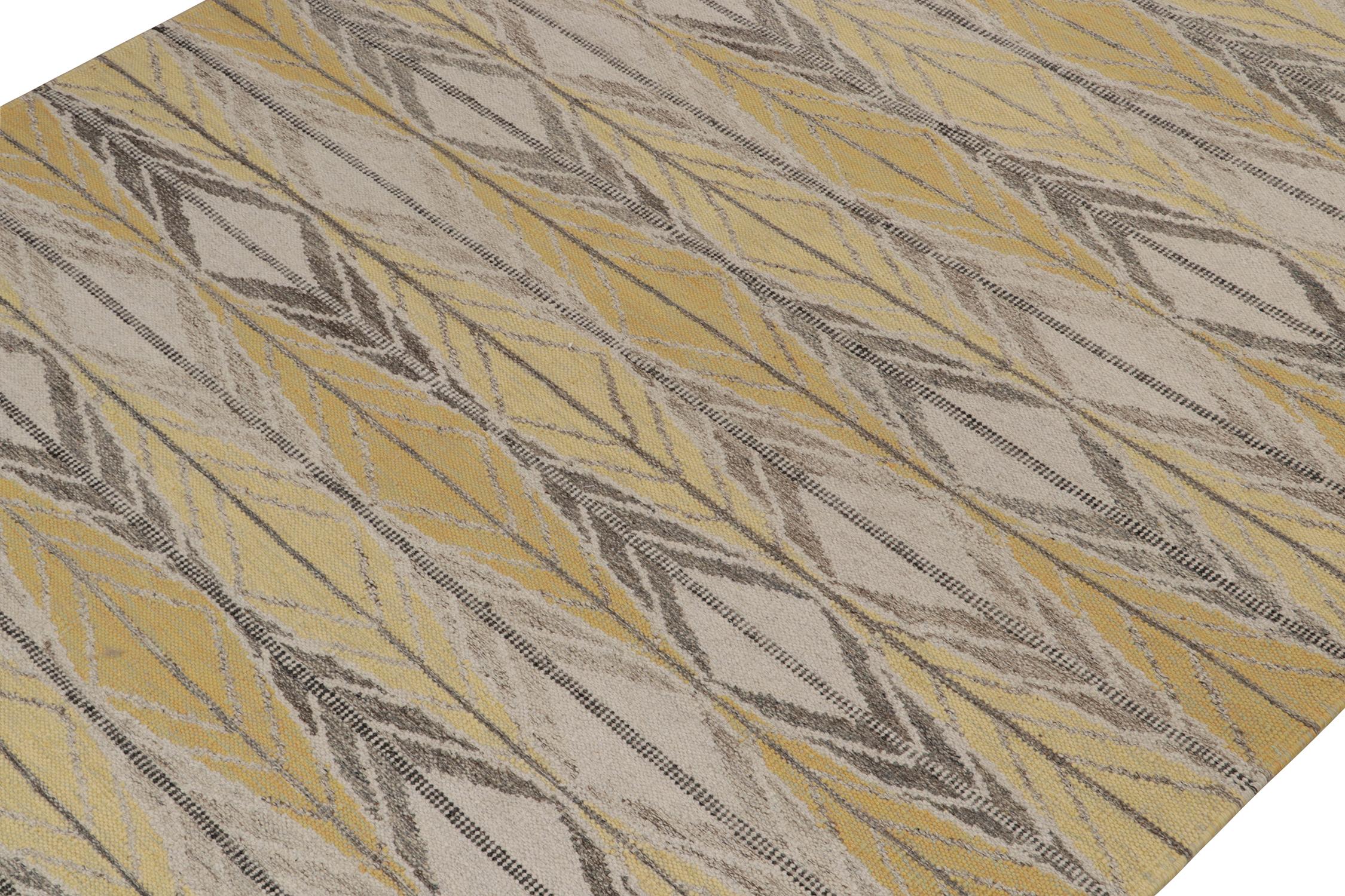 Indian Rug & Kilim’s Scandinavian Style Custom Kilim in Gold & Gray Geometric Pattern For Sale