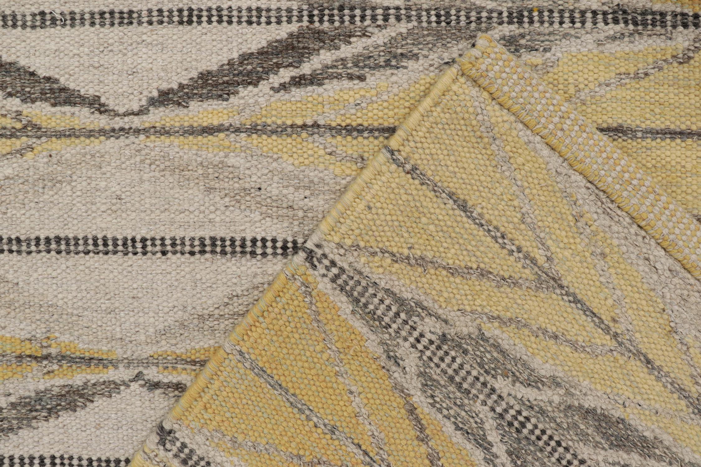 Hand-Knotted Rug & Kilim’s Scandinavian Style Custom Kilim in Gold & Gray Geometric Pattern For Sale