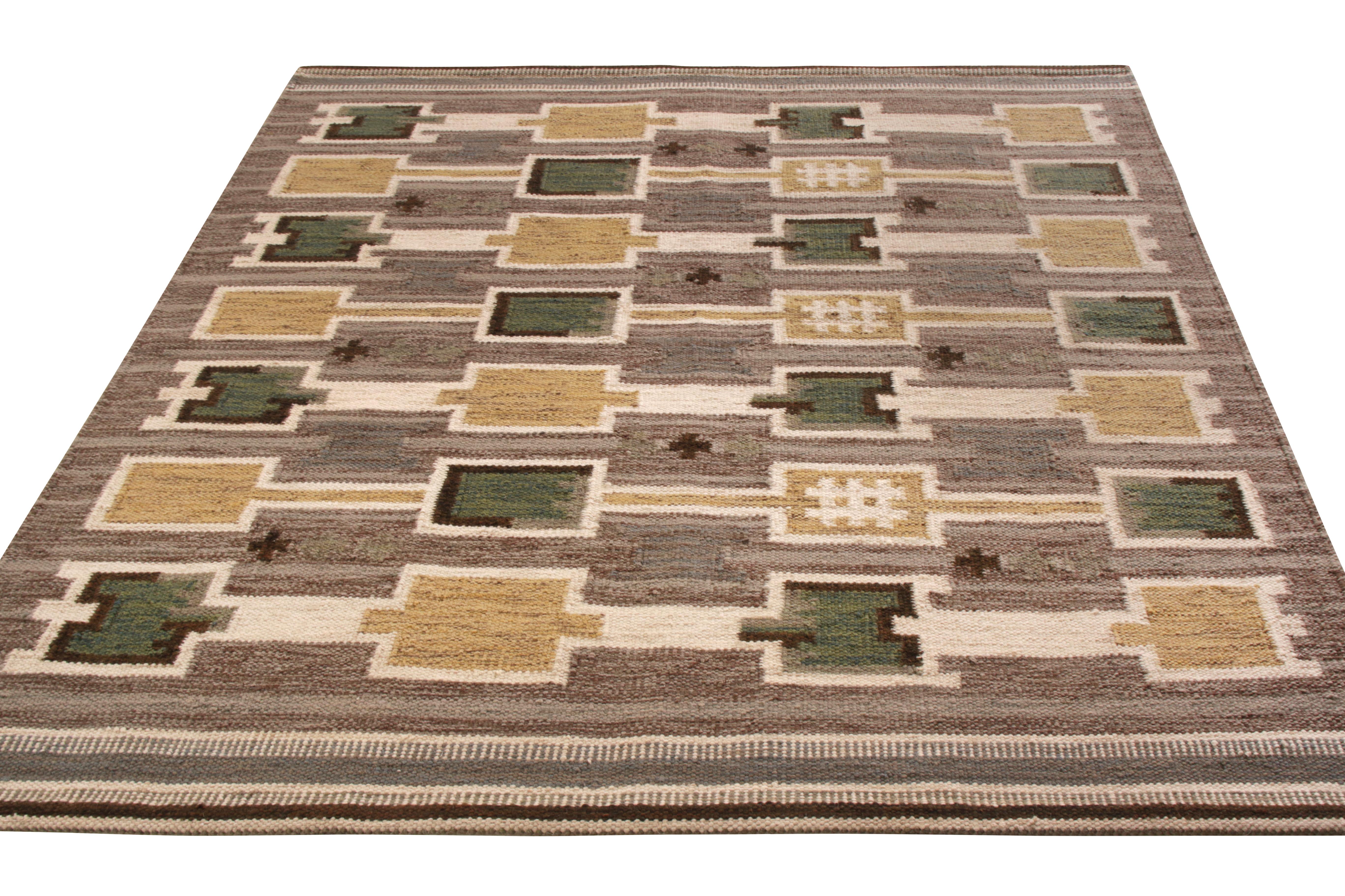 A custom Kilim rug design available from Rug & Kilim’s coveted Scandinavian Collection. Handwoven in wool with undyed, natural yarns accenting unique colorways, this square drawing derives inspiration from idyllic Scandinavian sensibilities in a