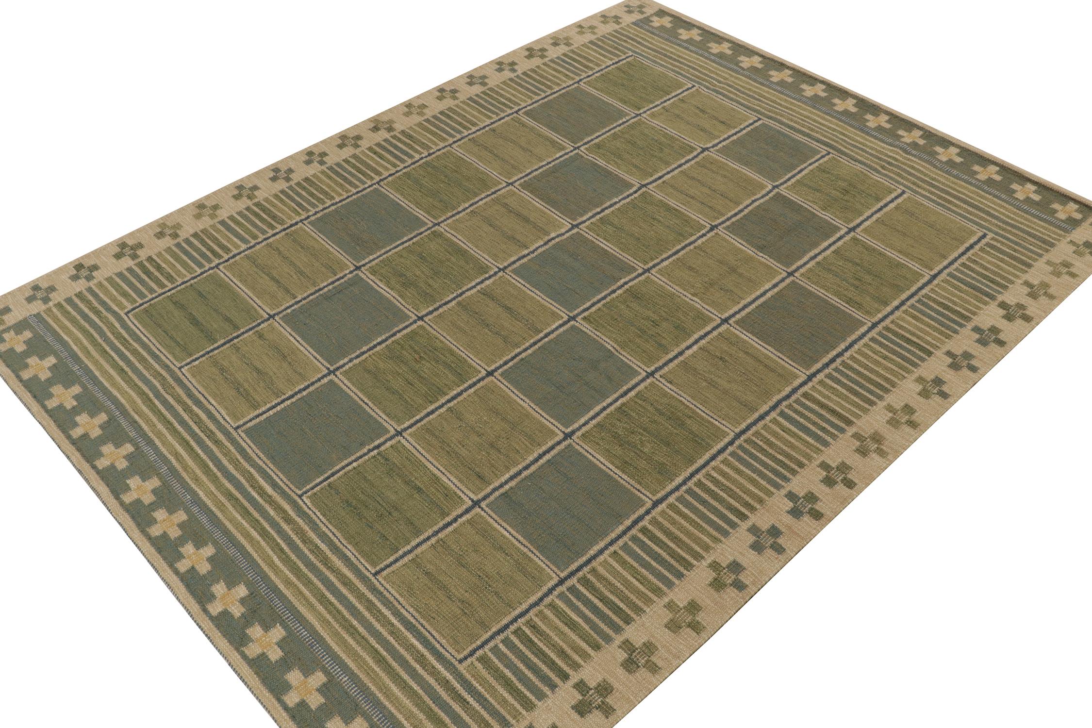 A refreshing Swedish style custom kilim design from our award-winning Scandinavian flat weave collection. Handwoven in wool and cotton. 
On the Design: 
This rug enjoys a smart sense of movement with geometric patterns in sage green, blue, and