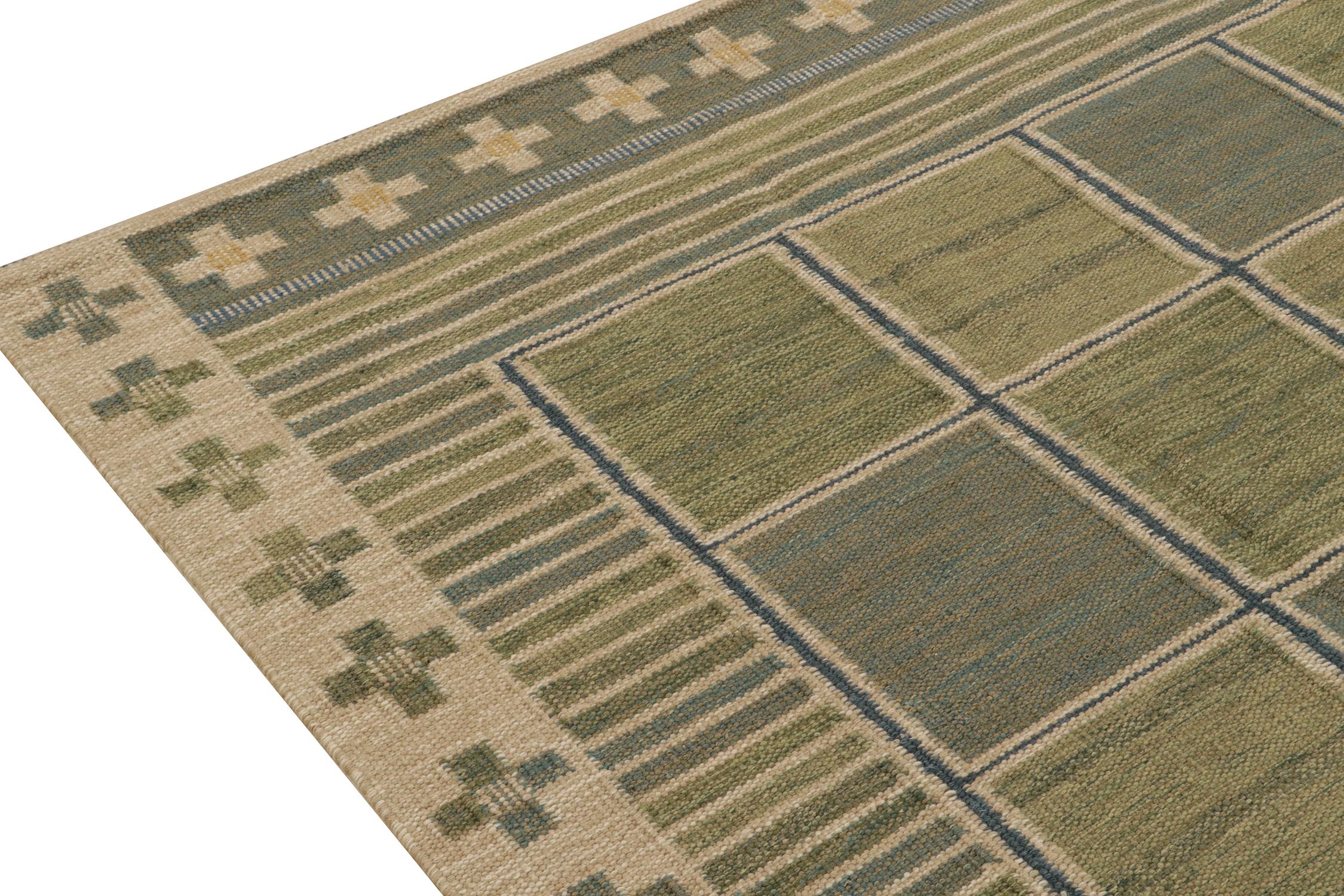 Hand-Knotted Rug & Kilim’s Scandinavian Style Custom Kilim in Green and Blue Geometric Patter For Sale
