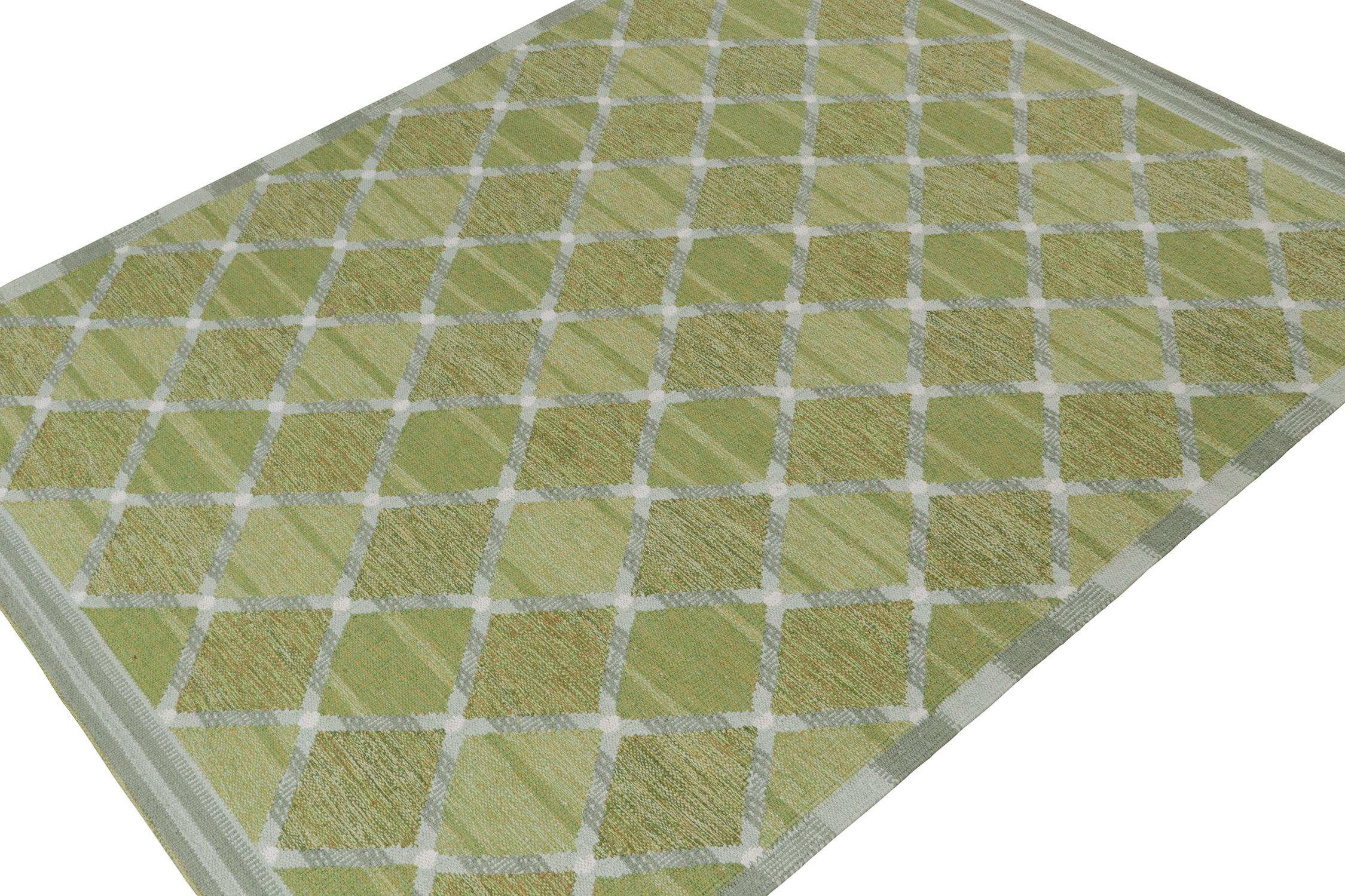 This Swedish style custom kilim design is new to Rug & Kilim's award-winning Scandinavian flat weave collection. Handwoven in cotton. 
Further On the Design: 
This design enjoys a soothing diamond lattice with refreshing colors in chartreuse green