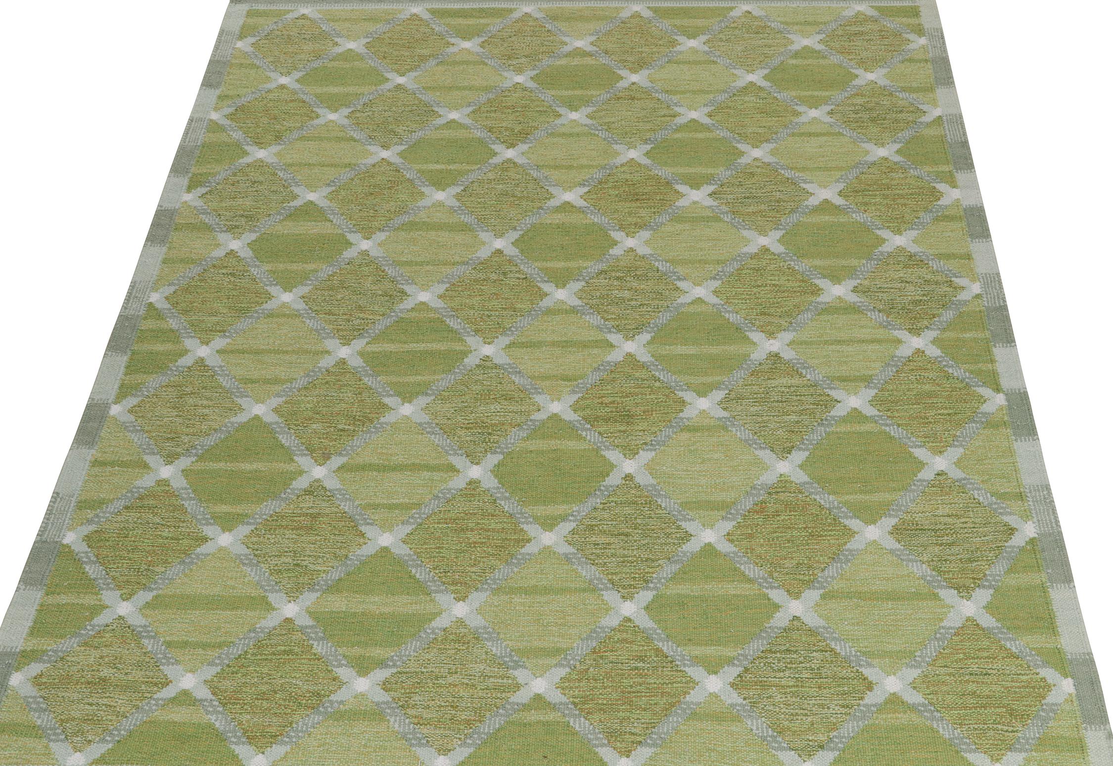 Scandinavian Modern Rug & Kilim’s Scandinavian Style Custom Kilim in Green and Gray Lattice Pattern For Sale