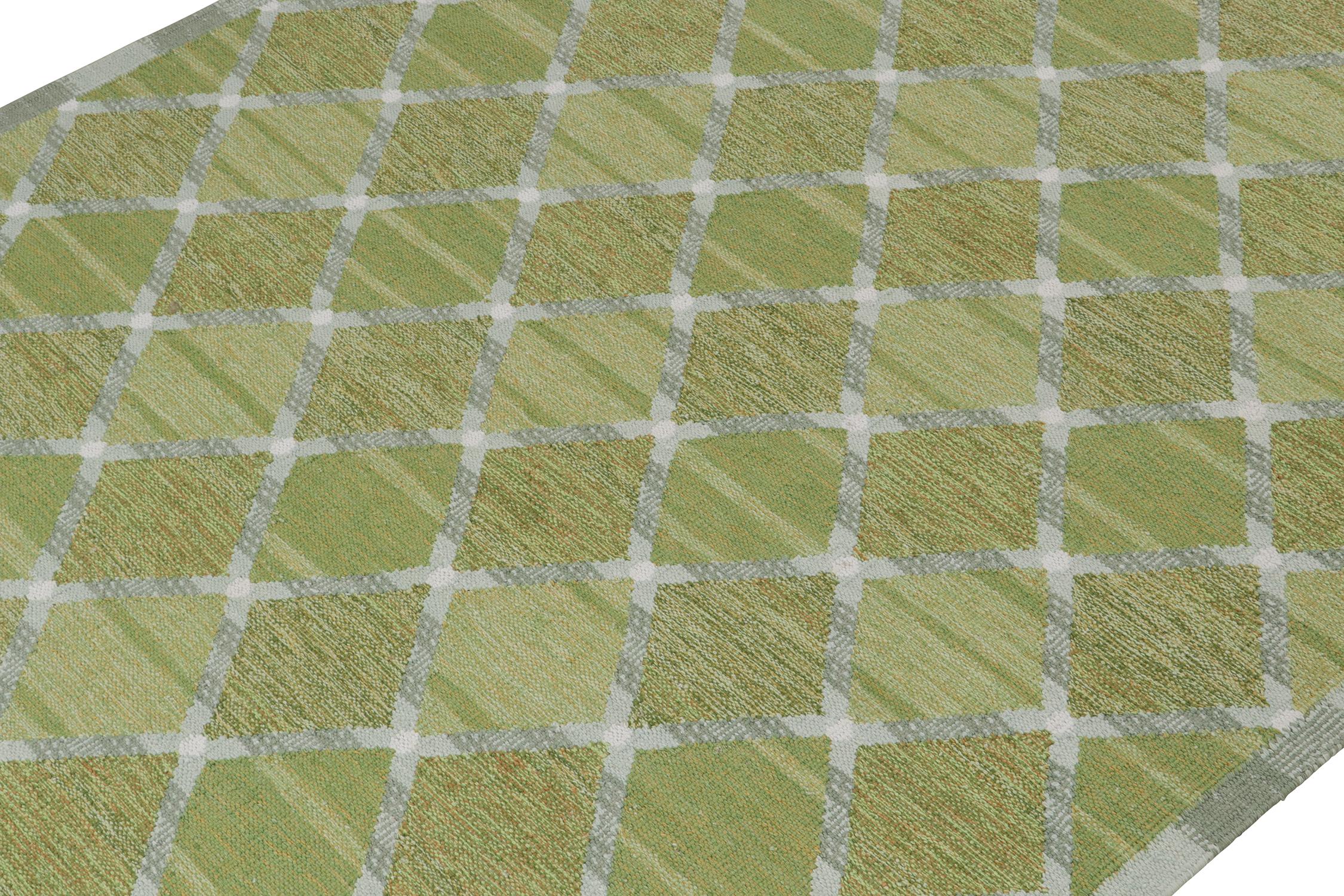 Indian Rug & Kilim’s Scandinavian Style Custom Kilim in Green and Gray Lattice Pattern For Sale