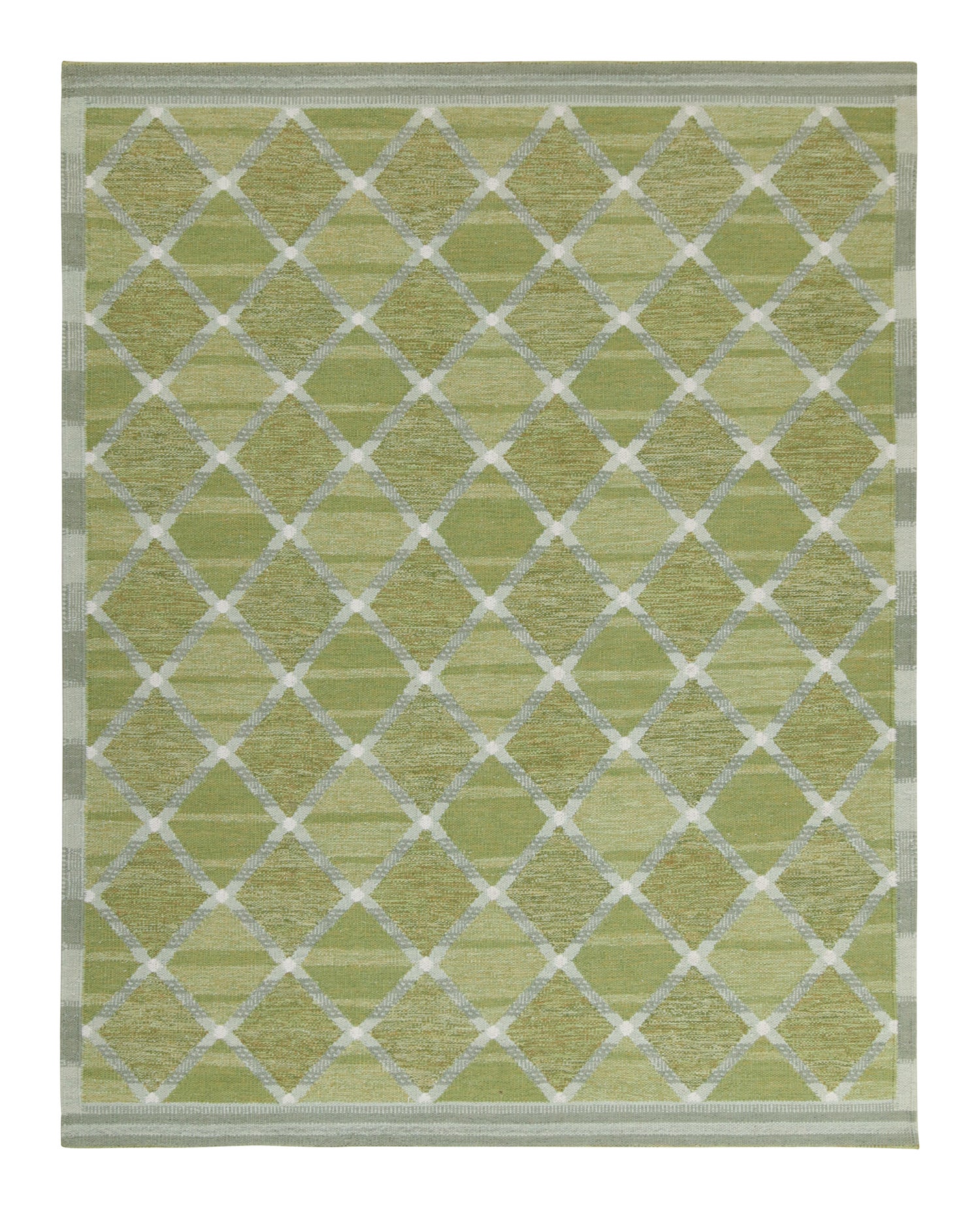 Rug & Kilim’s Scandinavian Style Custom Kilim in Green and Gray Lattice Pattern For Sale