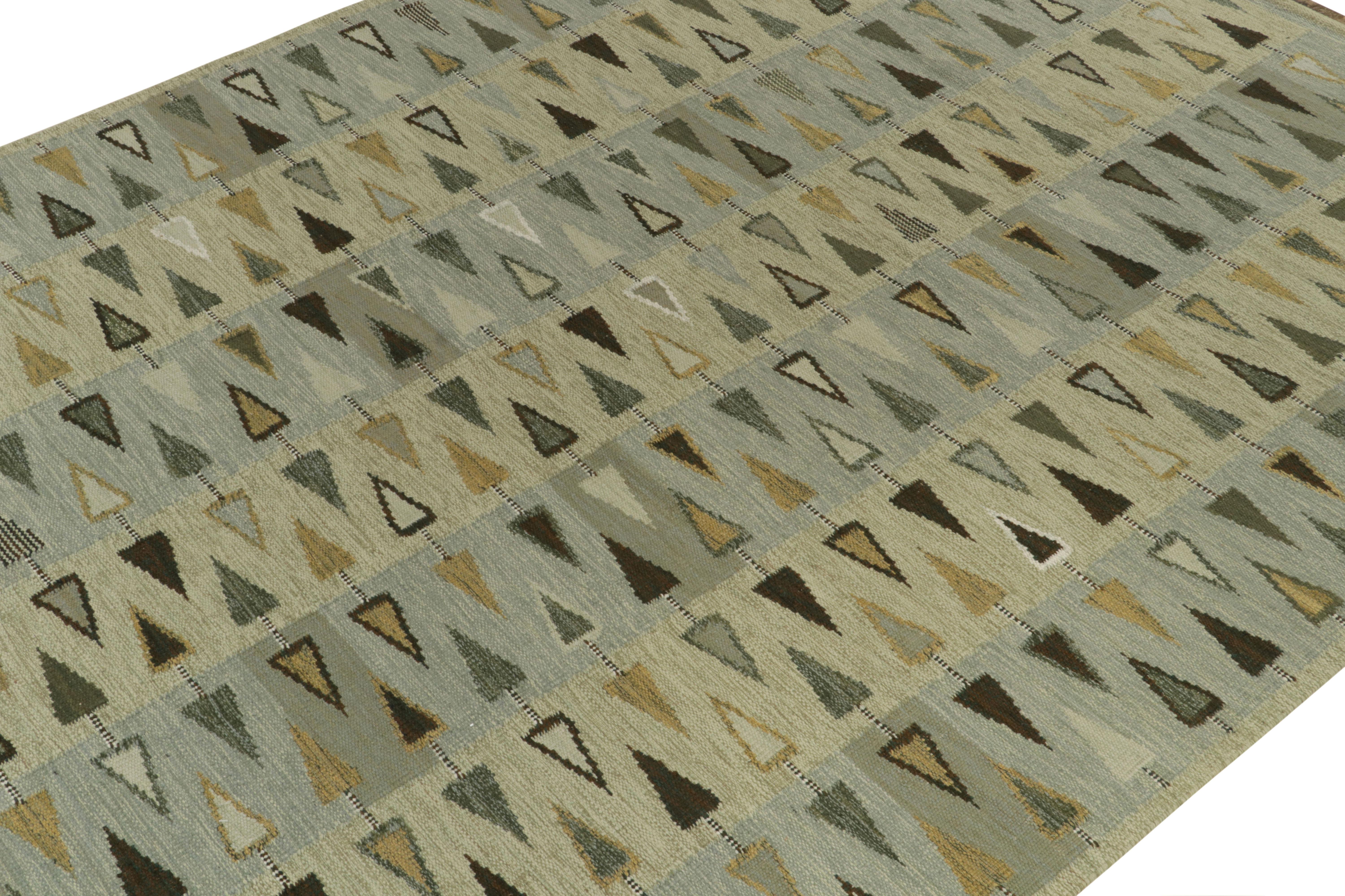 Hand-Knotted Rug & Kilim’s Scandinavian Style Custom Kilim in Green, Gold & Gray For Sale