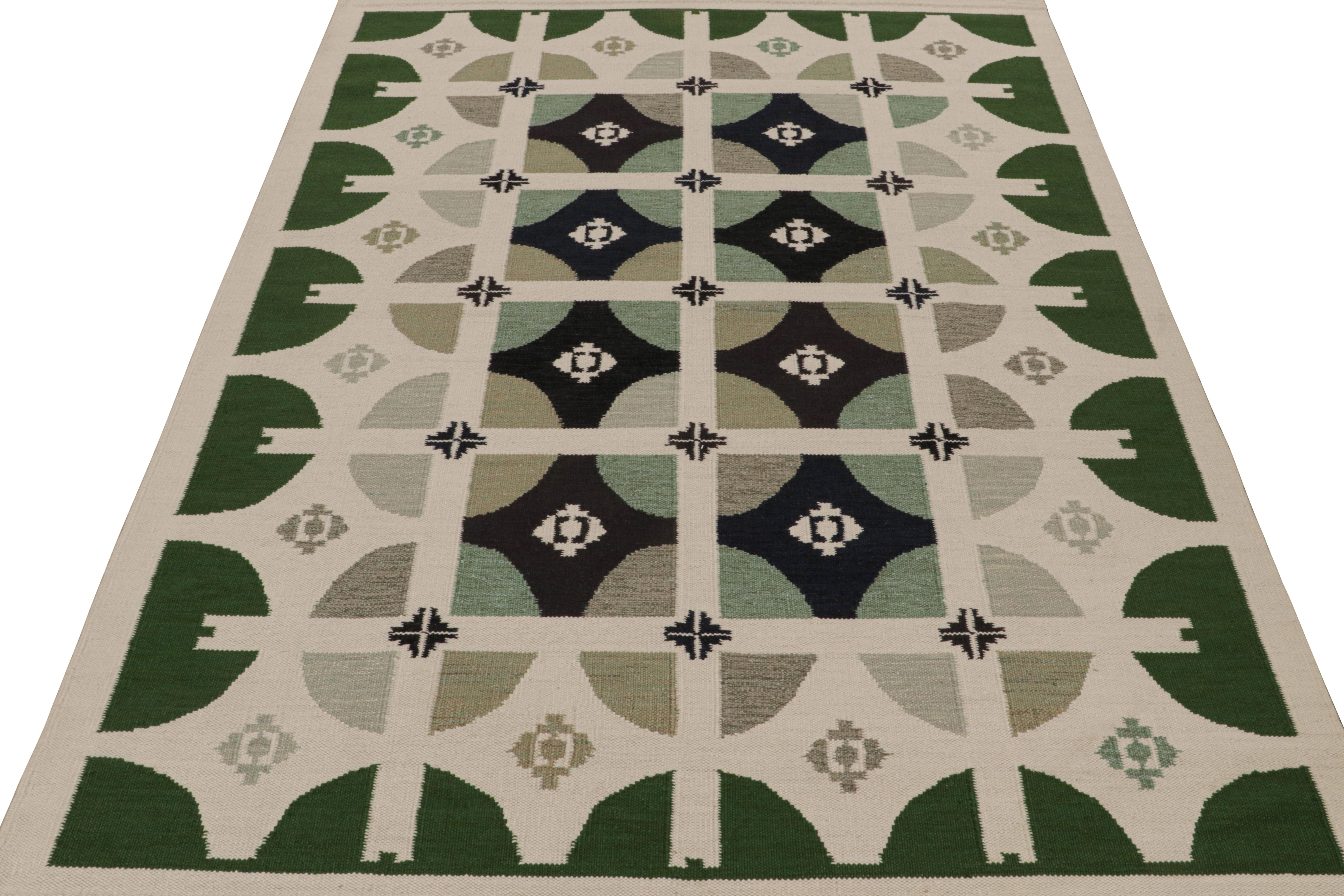 Modern Rug & Kilim’s Scandinavian style custom Kilim in Green, White & Black Patterns For Sale