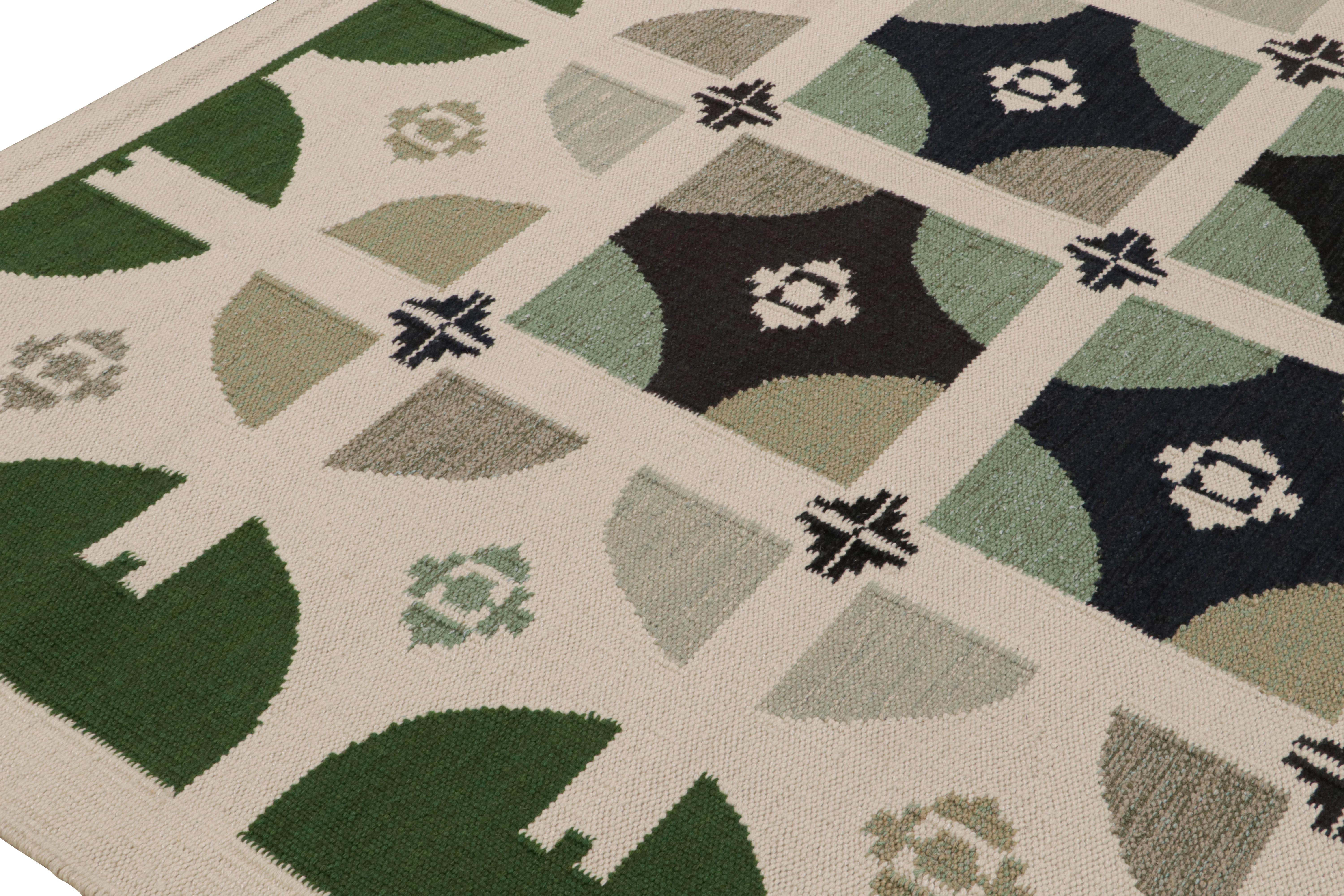 Hand-Woven Rug & Kilim’s Scandinavian style custom Kilim in Green, White & Black Patterns For Sale