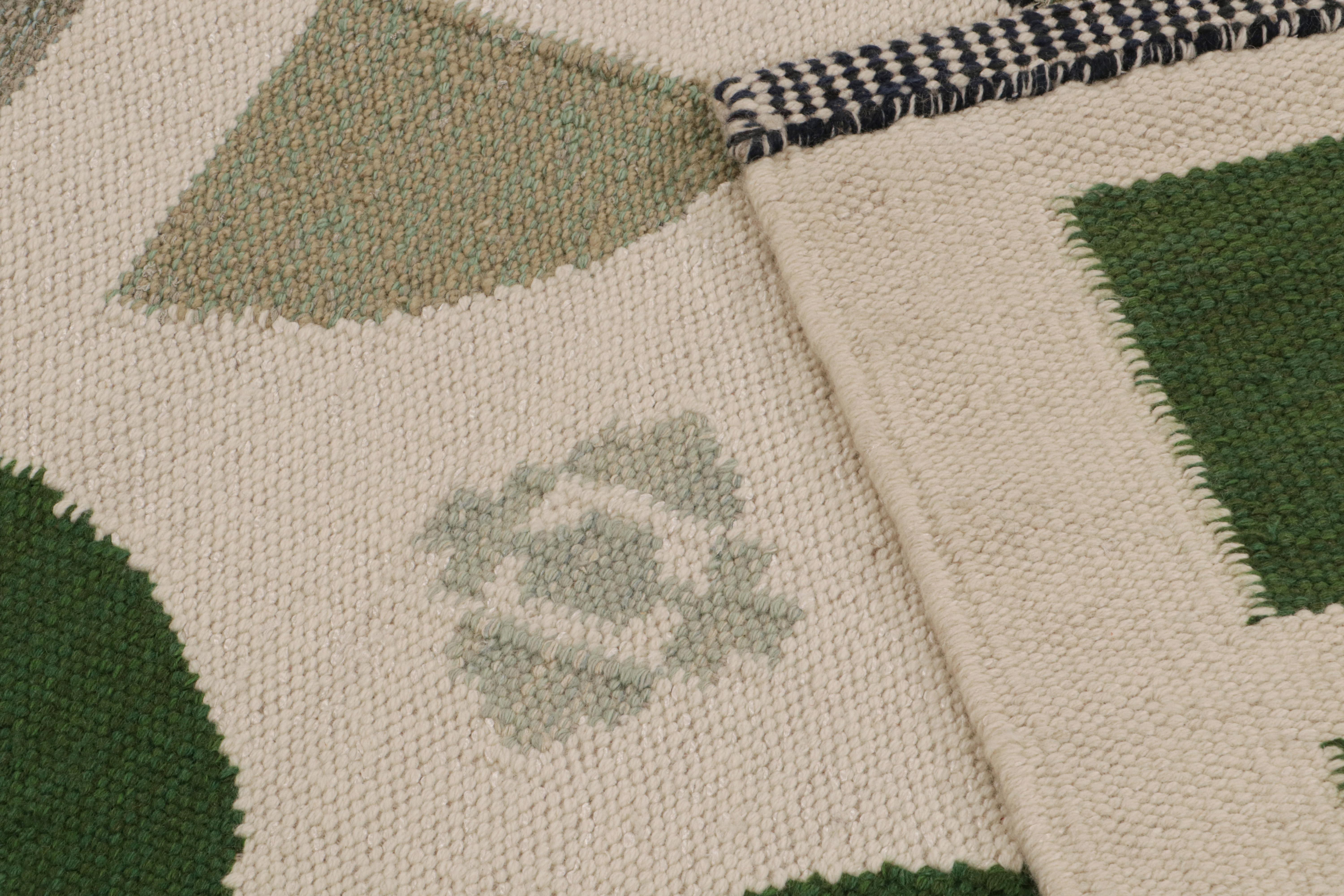 Contemporary Rug & Kilim’s Scandinavian style custom Kilim in Green, White & Black Patterns For Sale