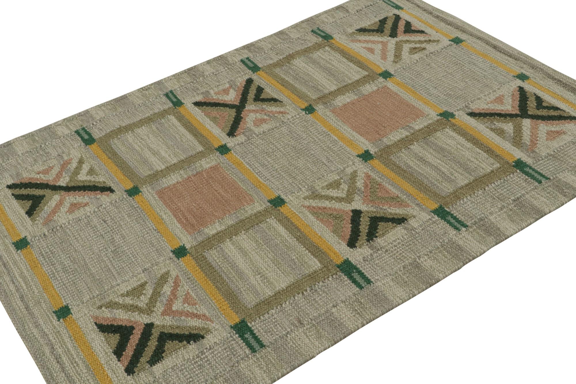 A smart 4x6 custom Swedish kilim from our award-winning Scandinavian flat weave collection. Handwoven in wool & undyed natural yarns.

On the Design: 

This rug enjoys geometric patterns in tones of grey, green & gold. Keen eyes will admire undyed,