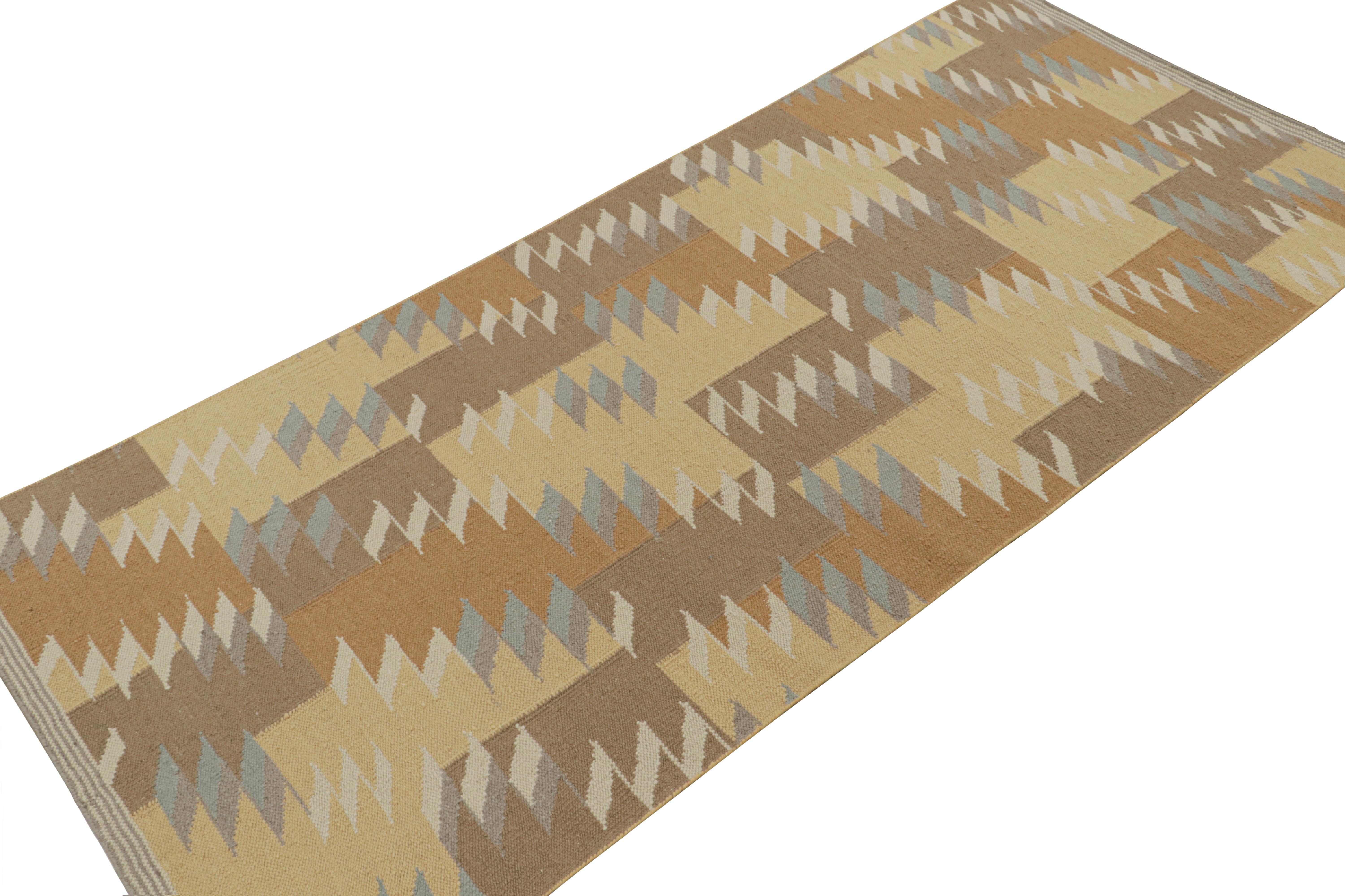 A smart 6x14 Swedish style custom kilim from our award-winning Scandinavian flat weave collection. Handwoven in wool.

On the Design: 

These photos represent a gallery runner in this design, with geometric patterns in tones of brown with beige,