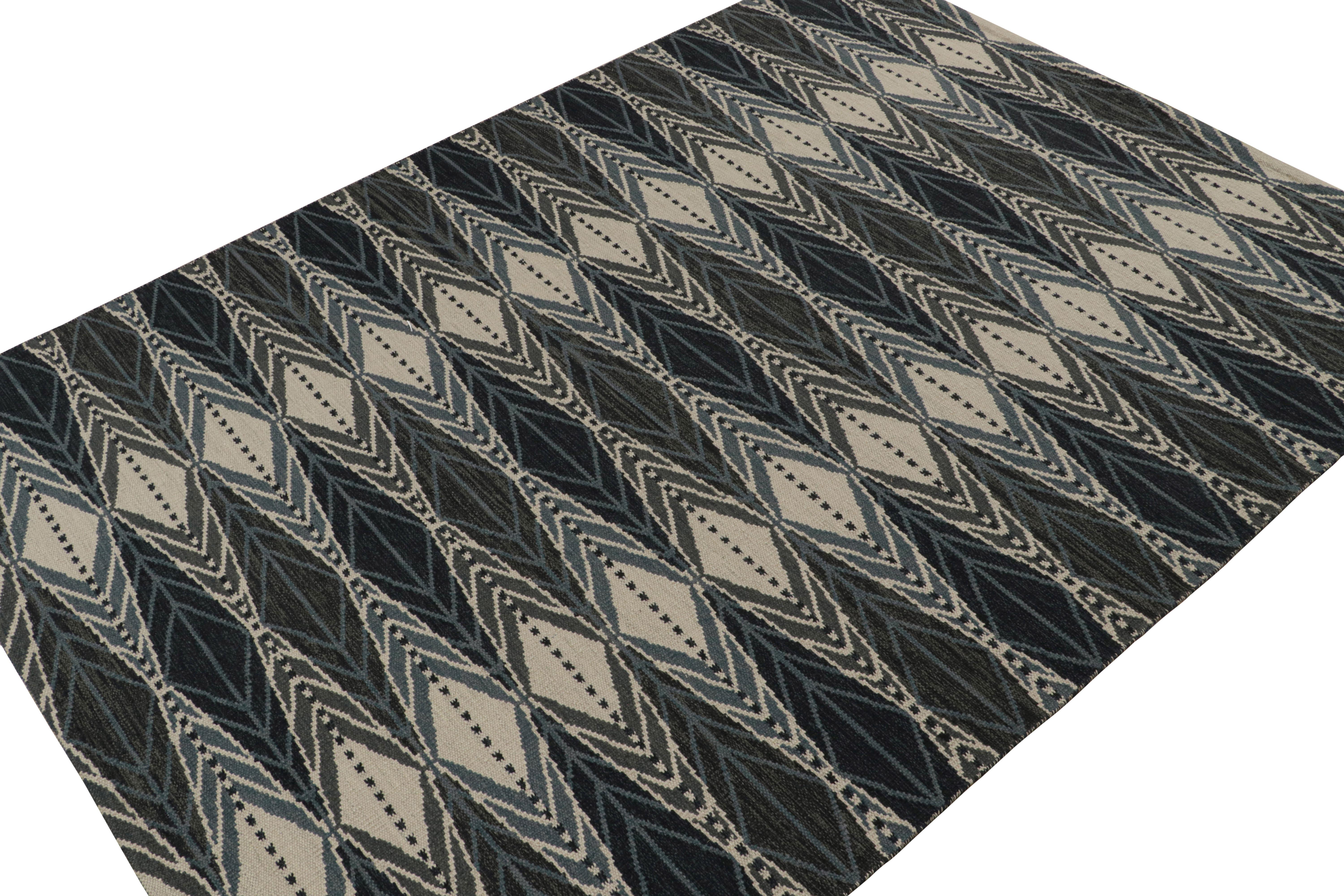 This custom Swedish Kilim rug design is from the flatweaves in the Scandinavian rug collection by Rug & Kilim. Handwoven in wool, cotton and natural yarns, its design is inspired by Rollakhan and Rya rugs in the Swedish Deco style. 

On the Design:
