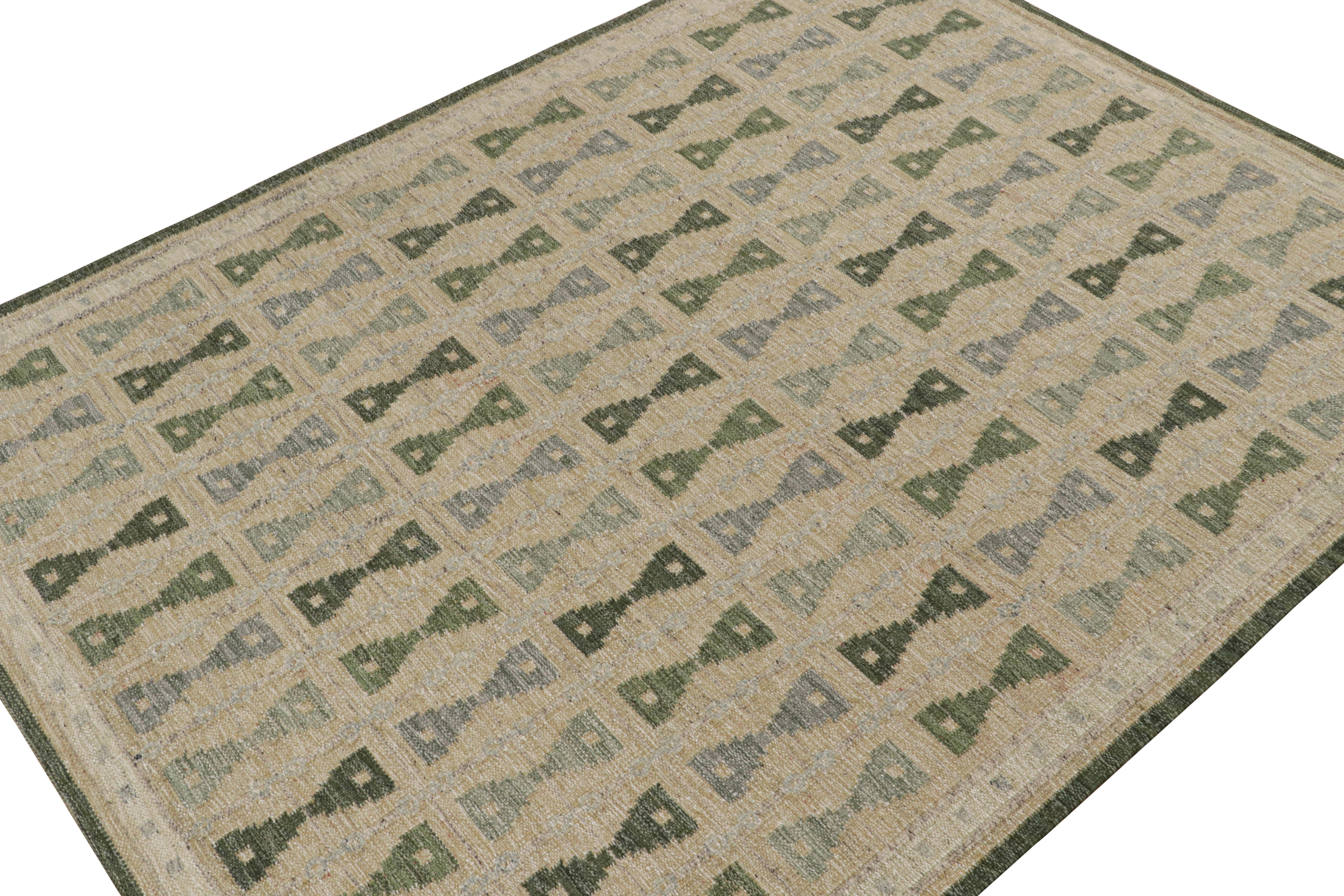 This custom Swedish Kilim rug design is from the flatweaves in the Scandinavian rug collection by Rug & Kilim. Handwoven in wool, cotton and natural yarns, its design is inspired by Rollakhan and Rya rugs in the Swedish Deco style. 

On the Design: