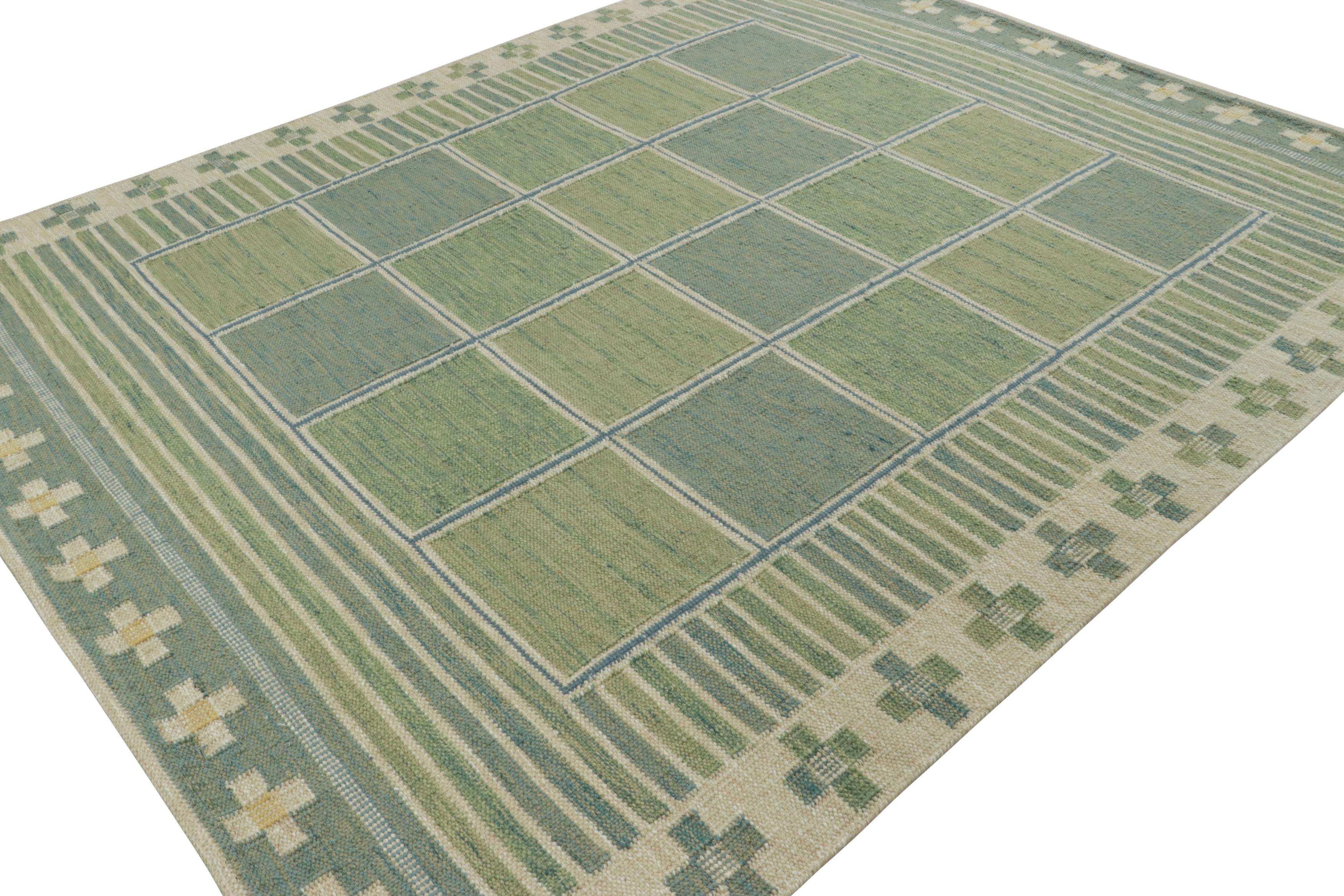 Indiano Rug & Kilim - Tappeto Kilim personalizzato in stile scandinavo, verde con motivi geometrici in vendita
